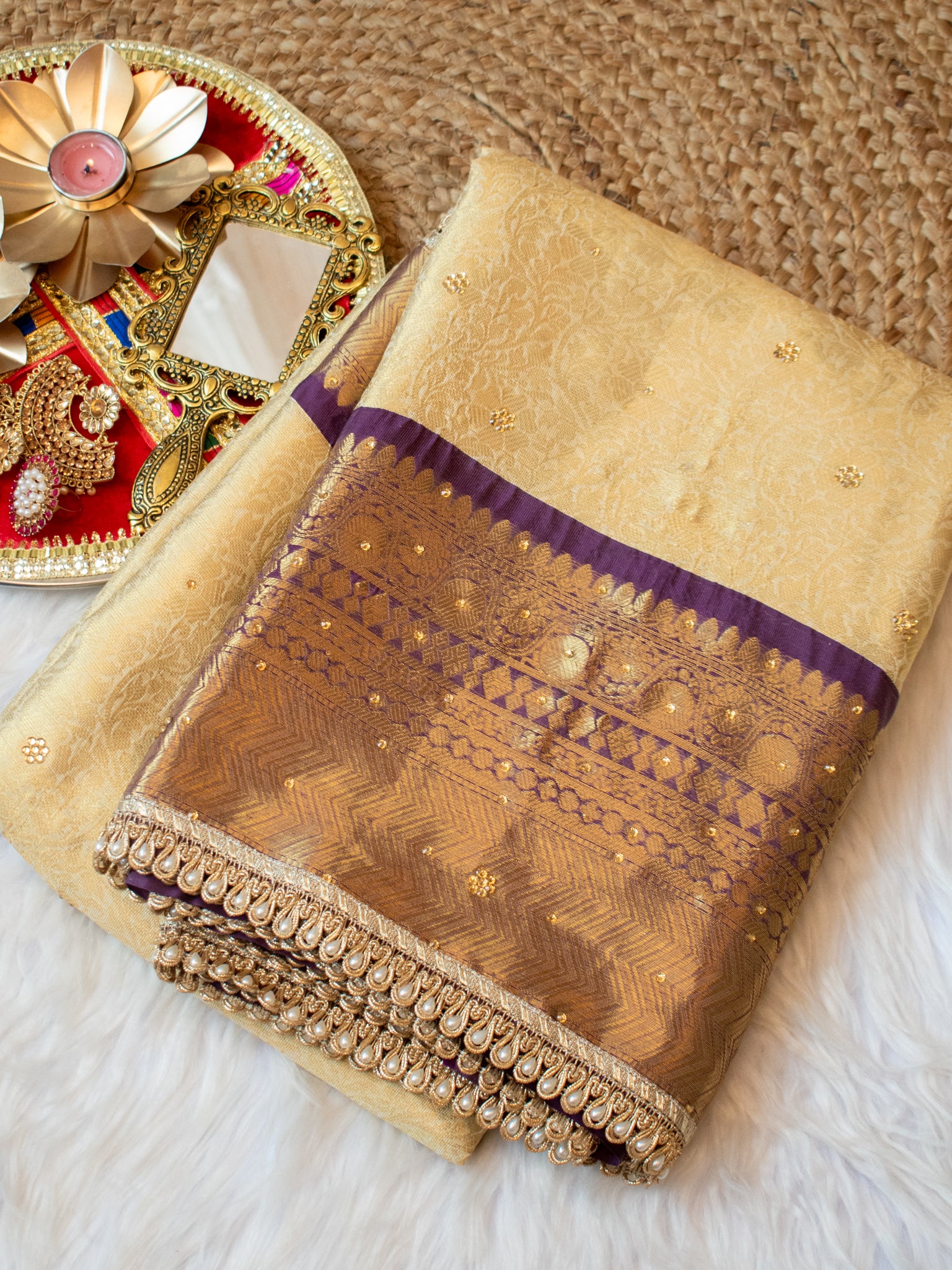 Banarasi Tissue Saree with Zari Weaving & Contrast Border With Lace- Beige