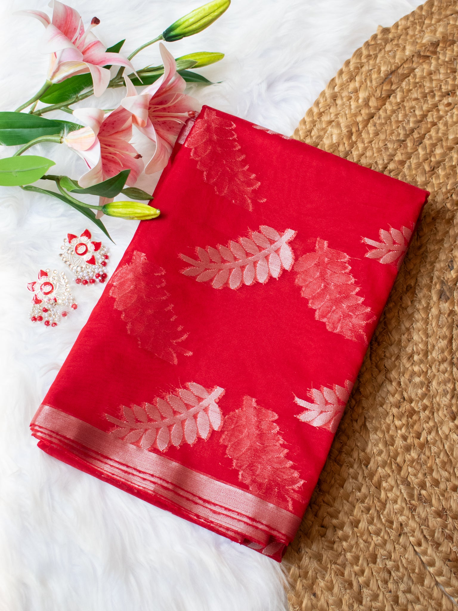 Banarasi Organza Saree With Zari Border- Red