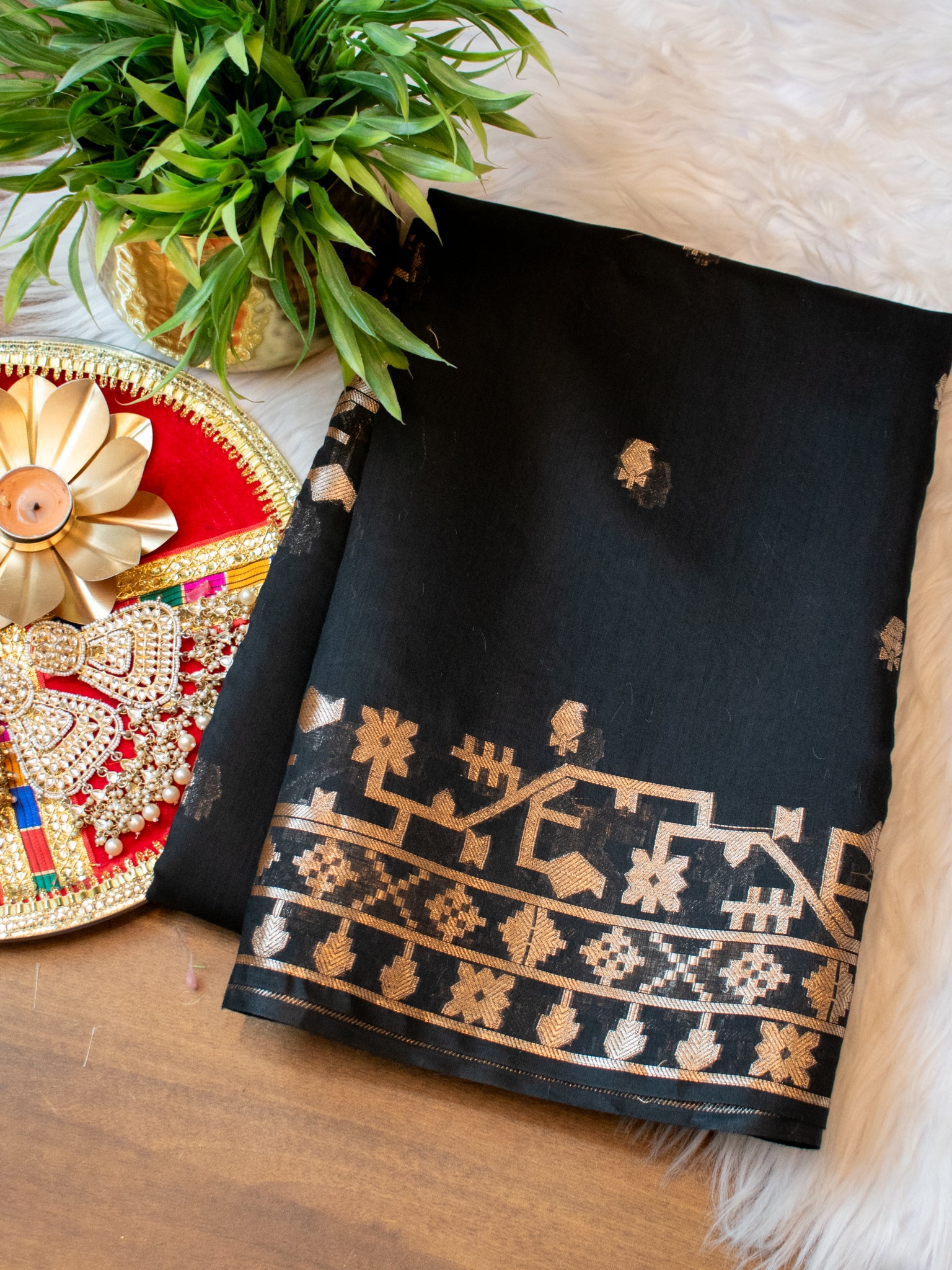 Banarasi Cotton Mix Saree with Zari Weaving & Border- Black