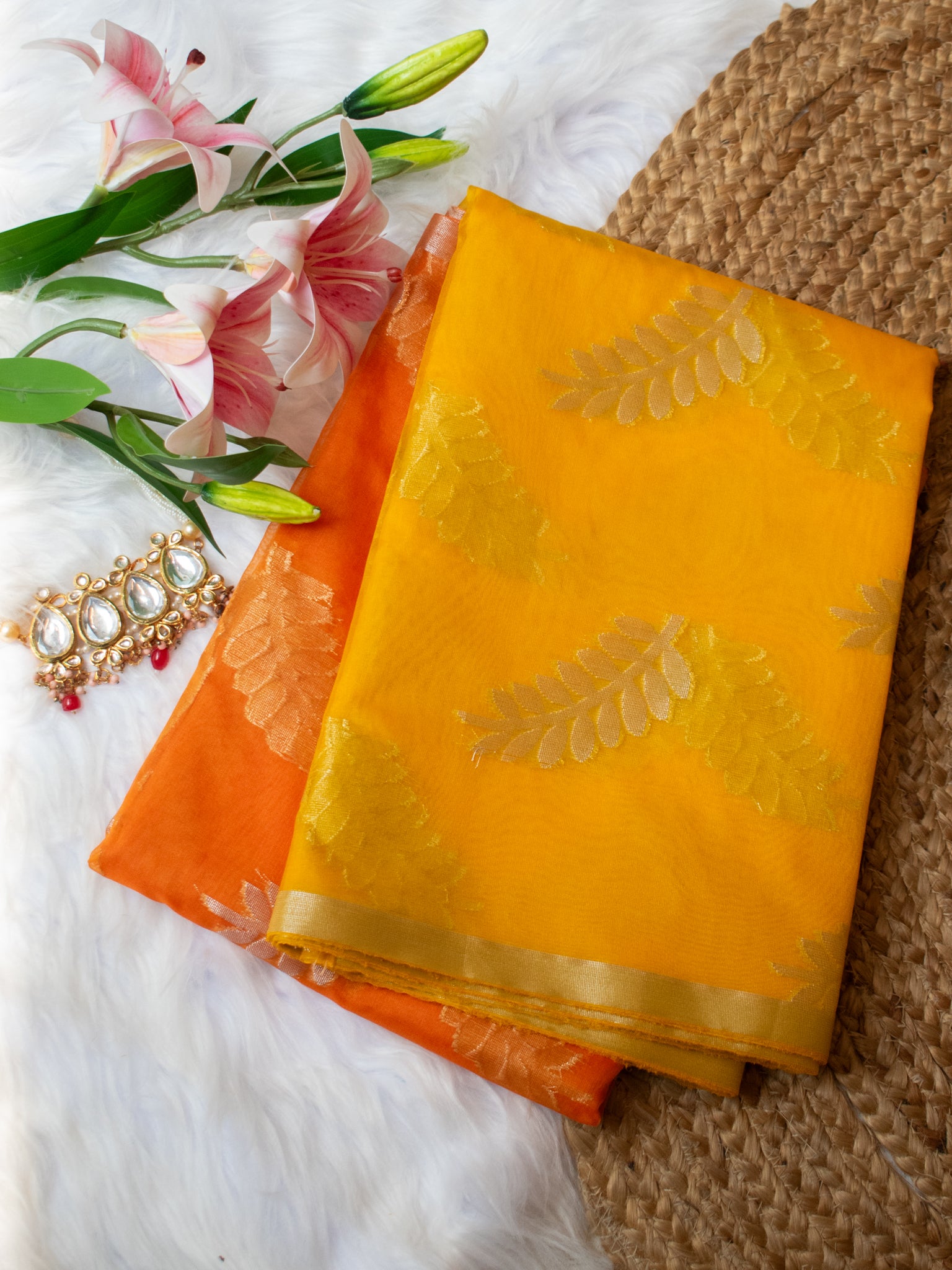 Banarasi Organza Dual Shade Saree With Zari Border- Yellow & Orange