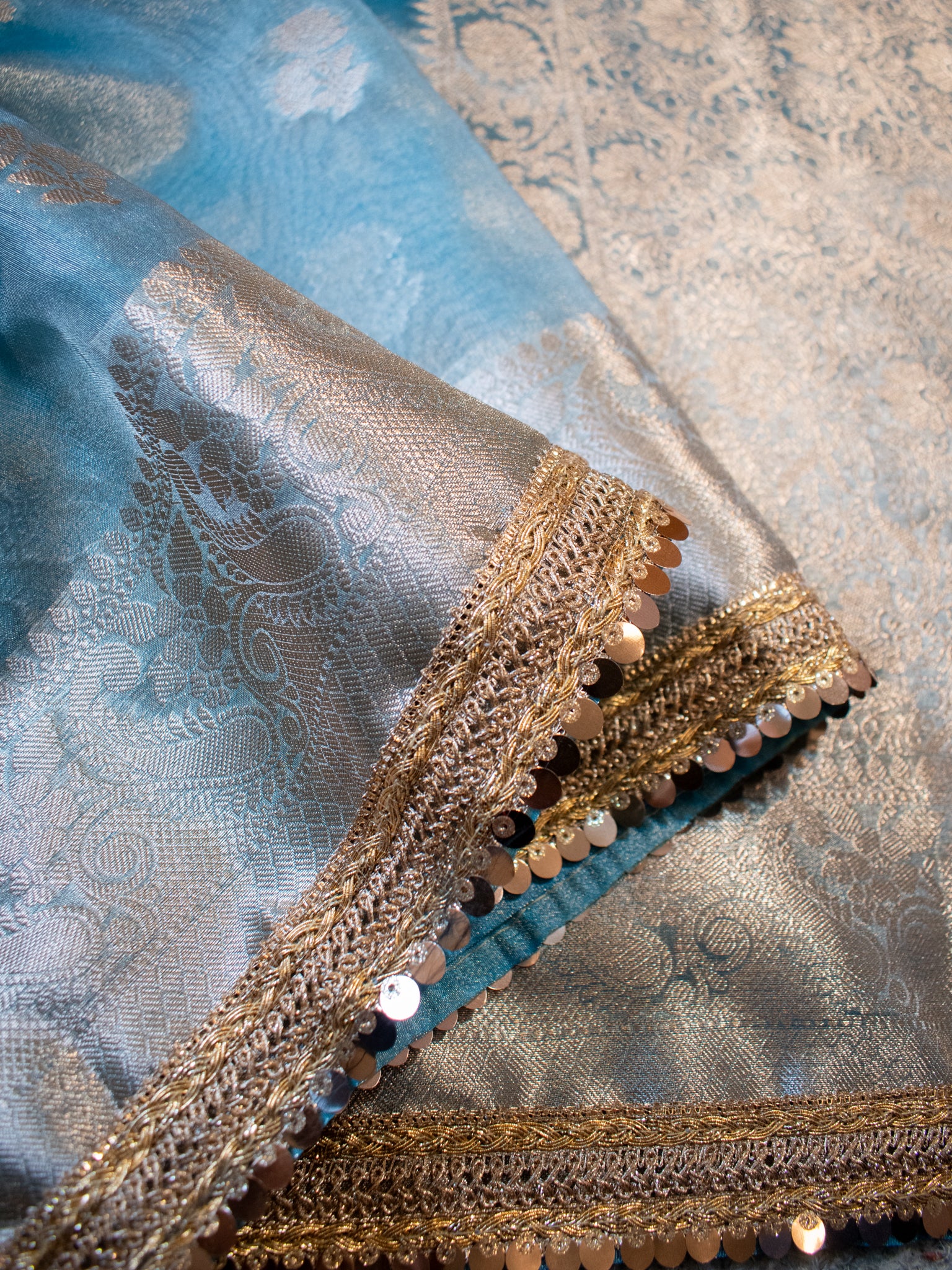 Banarasi Tissue Saree With Buti Weaving & Lace Border - Blue