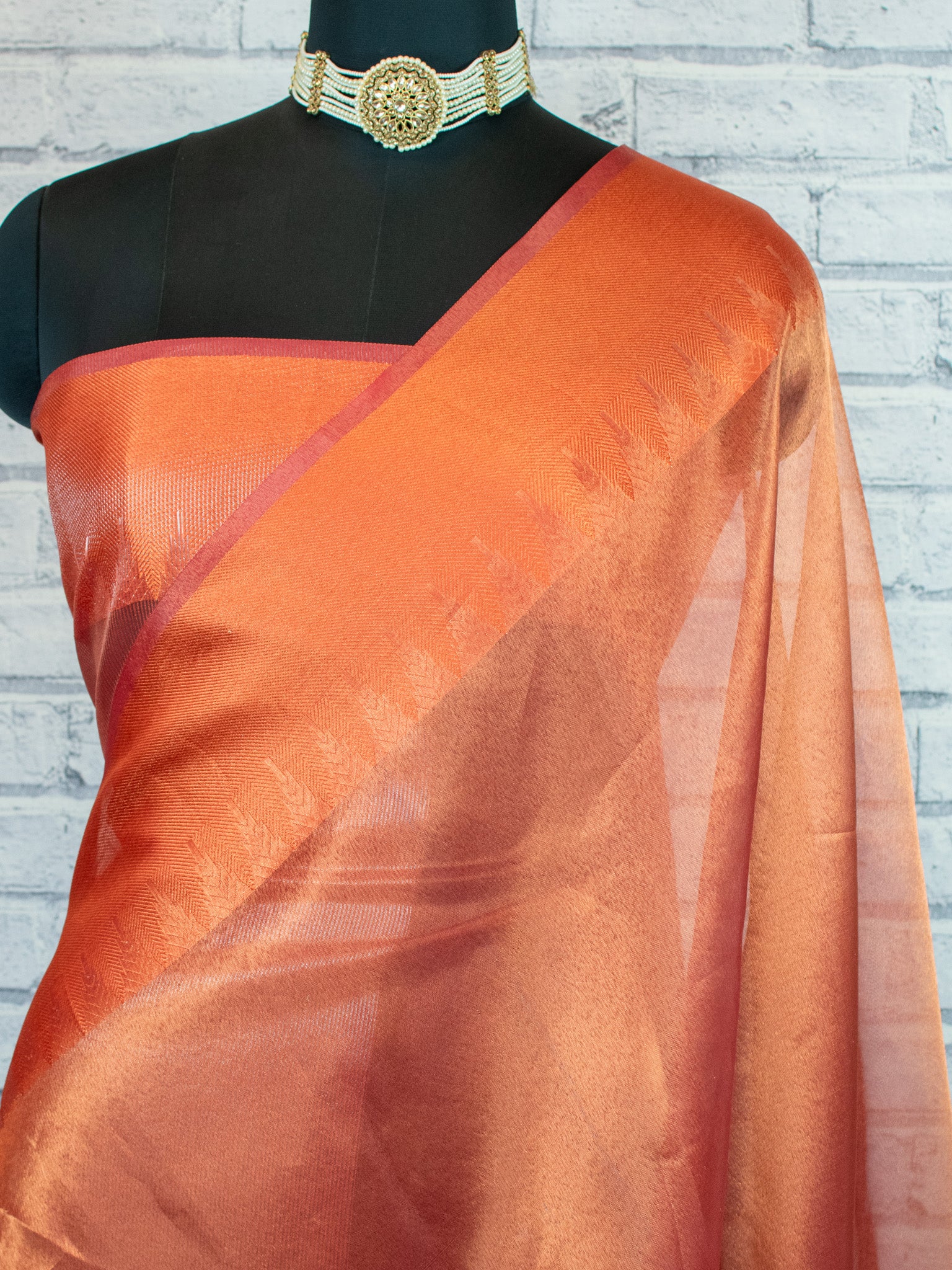 Banarasi Plain Shaded Tissue Saree With Zari Border - Orange