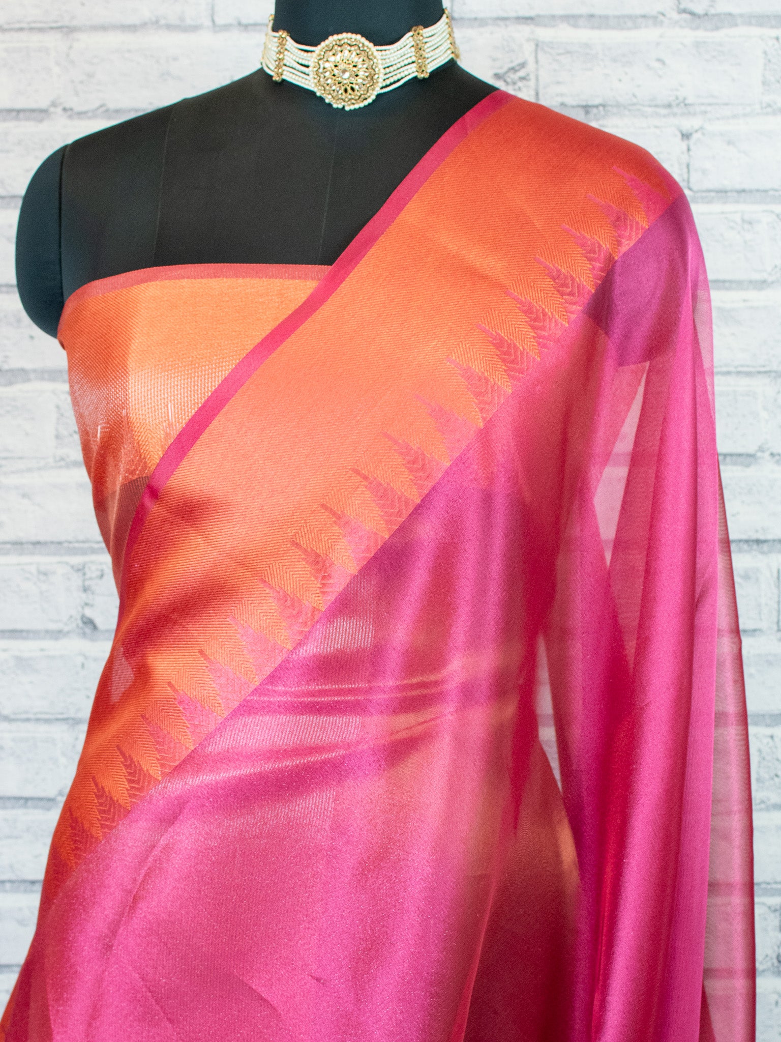 Banarasi Plain Shaded Tissue Saree With Zari Border - Pink