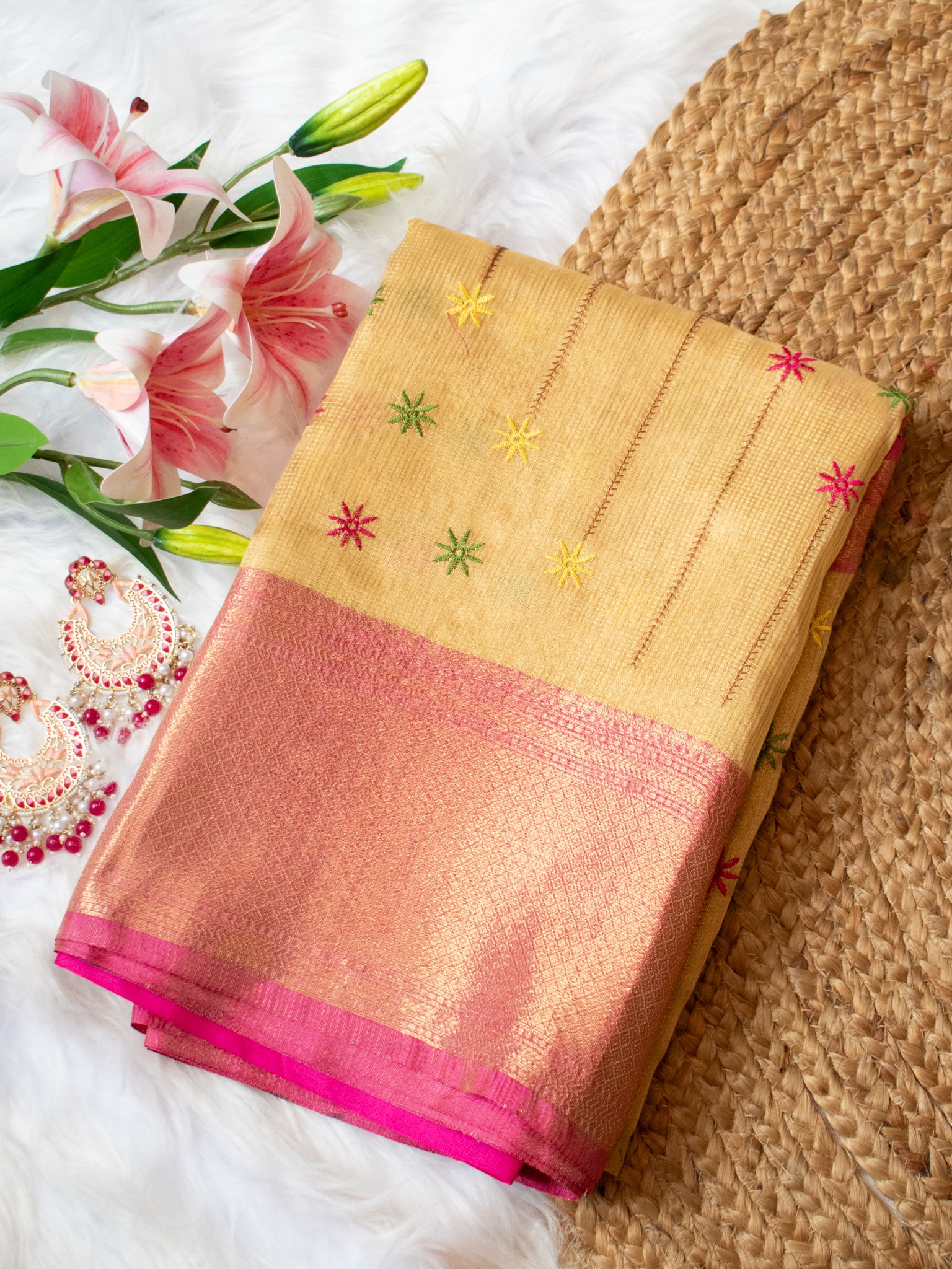 Banarasi Kota Check Saree With Embroidery & Border - Gold