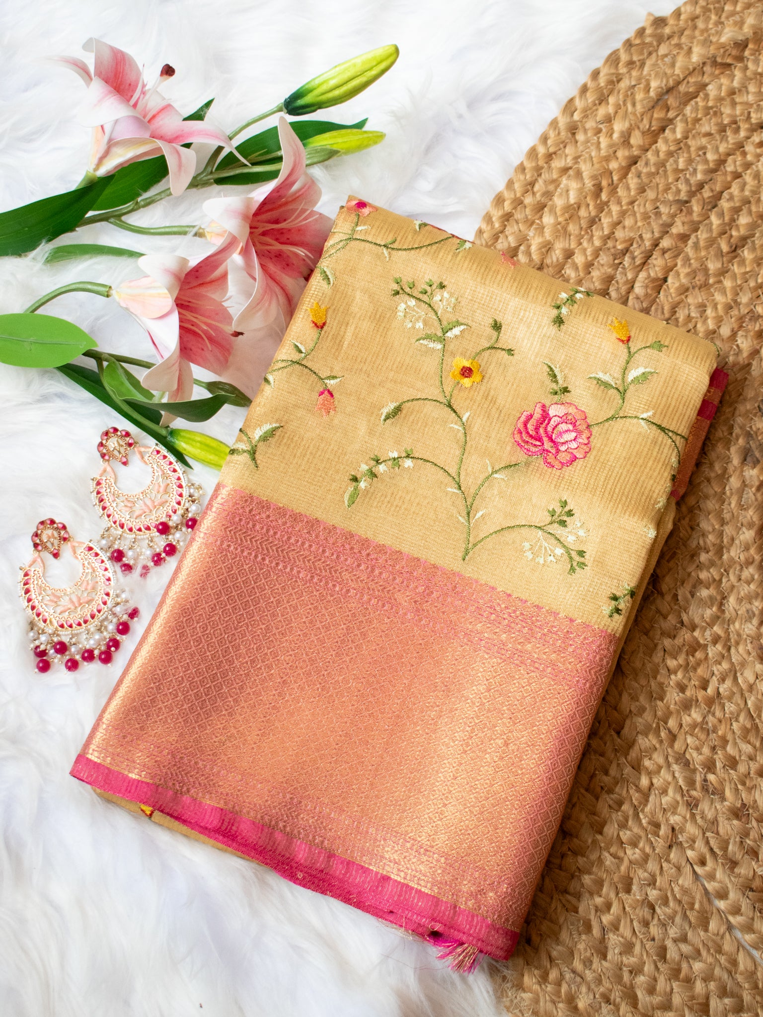 Banarasi Kota Check Saree With Embroidery & Border - Gold