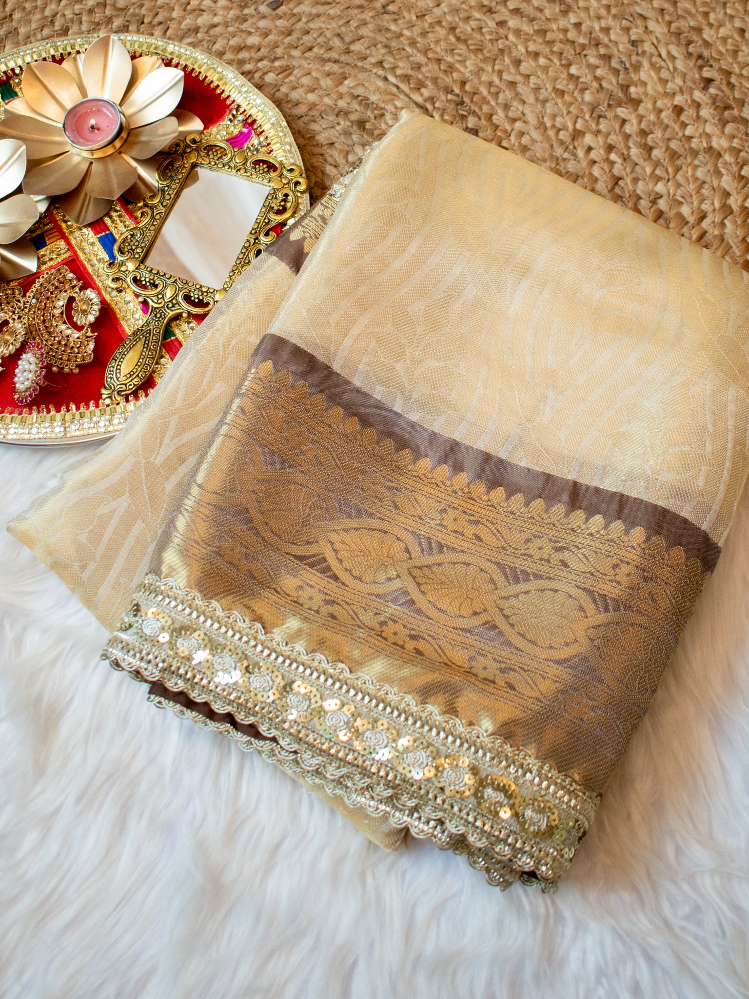 Banarasi Tissue Saree with Zari Weaving & Contrast Border With Lace- Beige