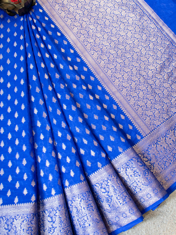 Banarasi Semi Silk Saree With Buti Weaving-Blue
