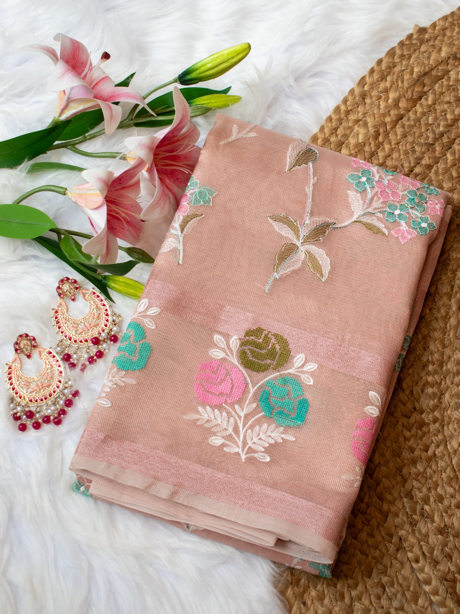 Banarasi Tissue Saree With Embroidery & Border - Pink