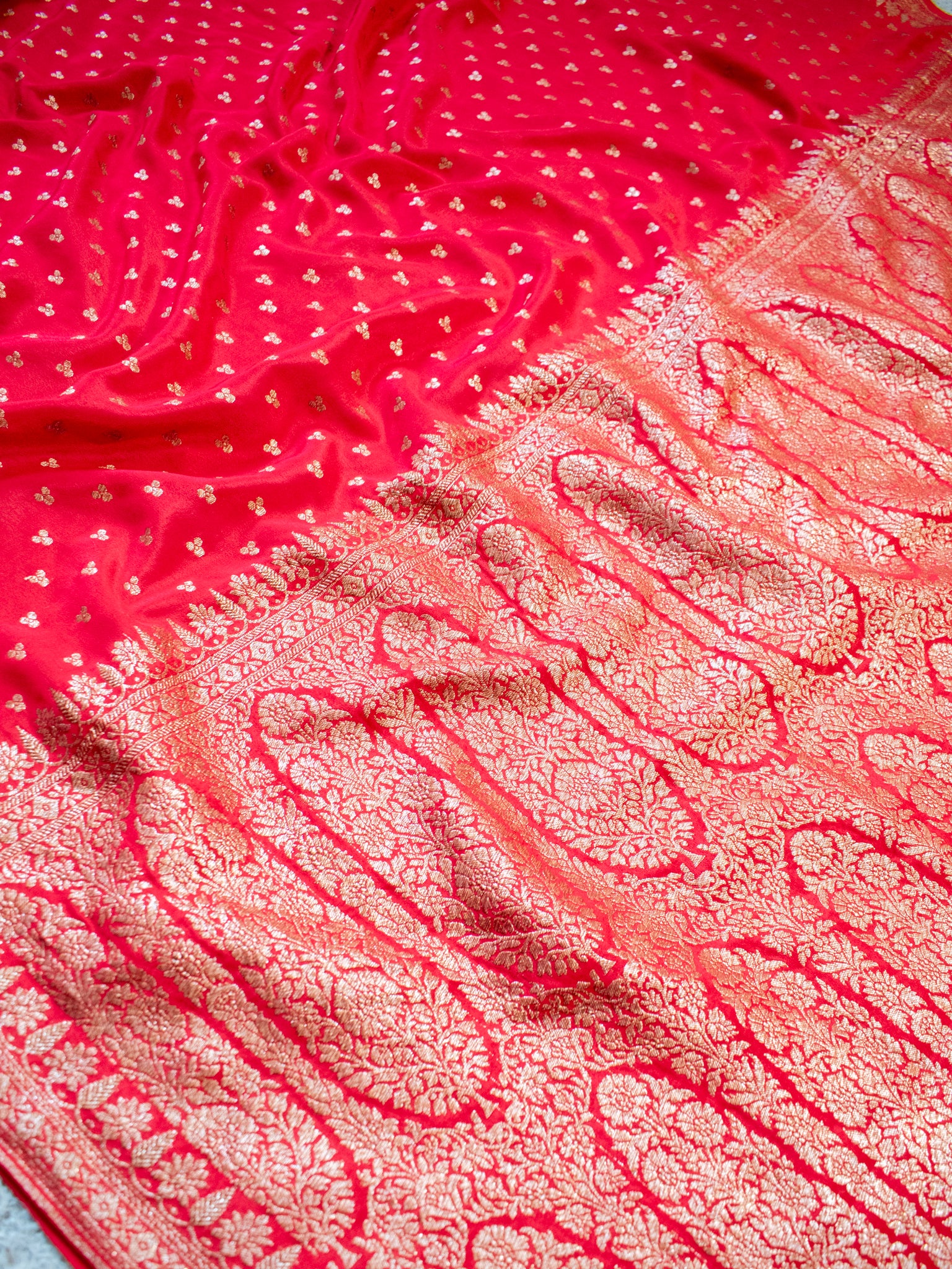 Banarasi Pure Khaddi Georgette Saree With Antique Zari Buti  Weaving- Red