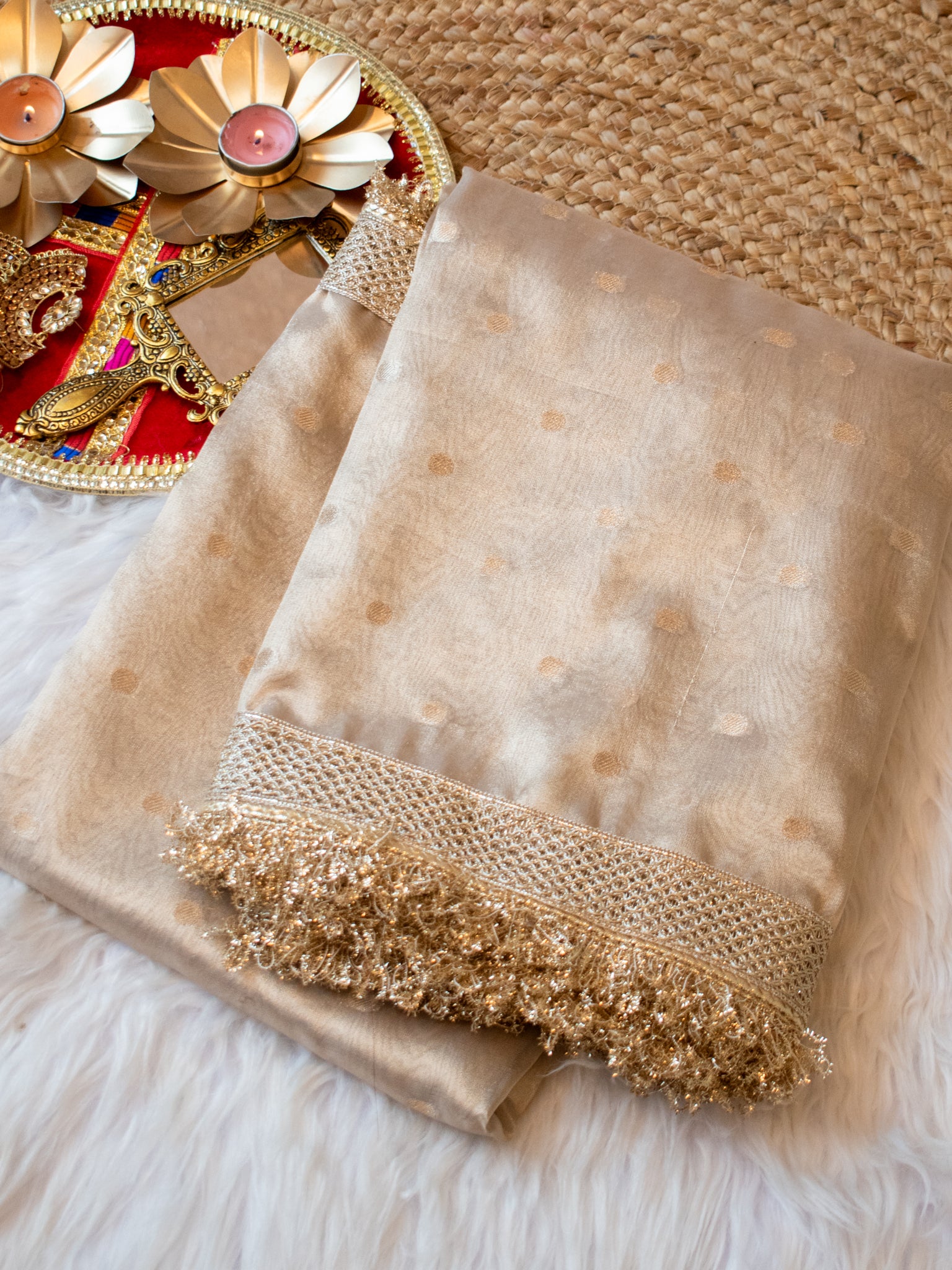 Banarasi Tissue Saree With Zari Buti Weaving & Lace Border- Beige