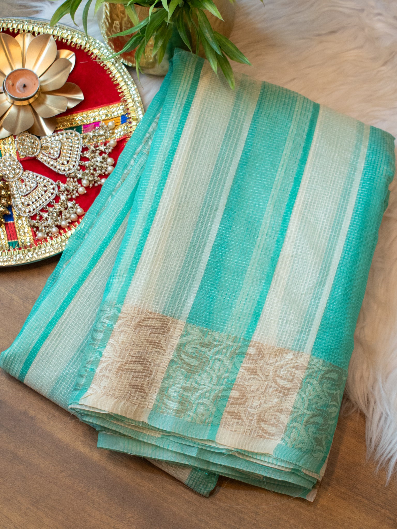 Banarasi Kota Check Saree with Resham Weaving Border- Green