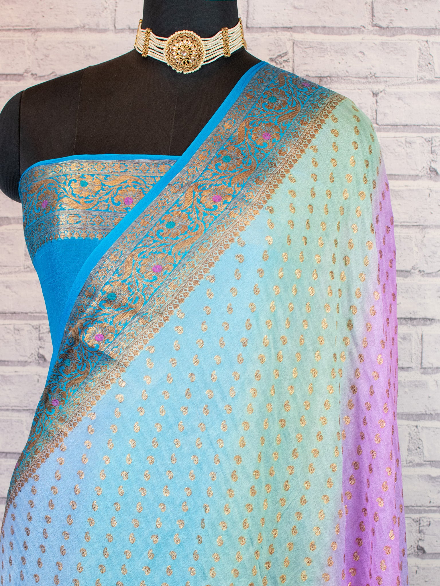 Banaras Pure Georgette Shaded Saree With Antique Resham Weaving- Sky Blue