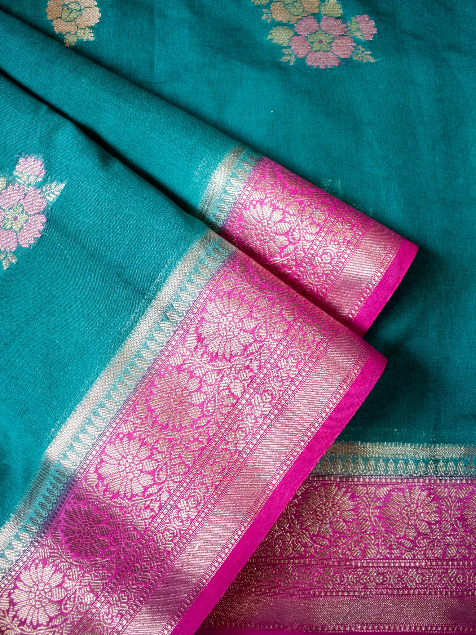 Banarasi Cotton Silk Saree with Floral Weaving & Contrast Border- Dark Green