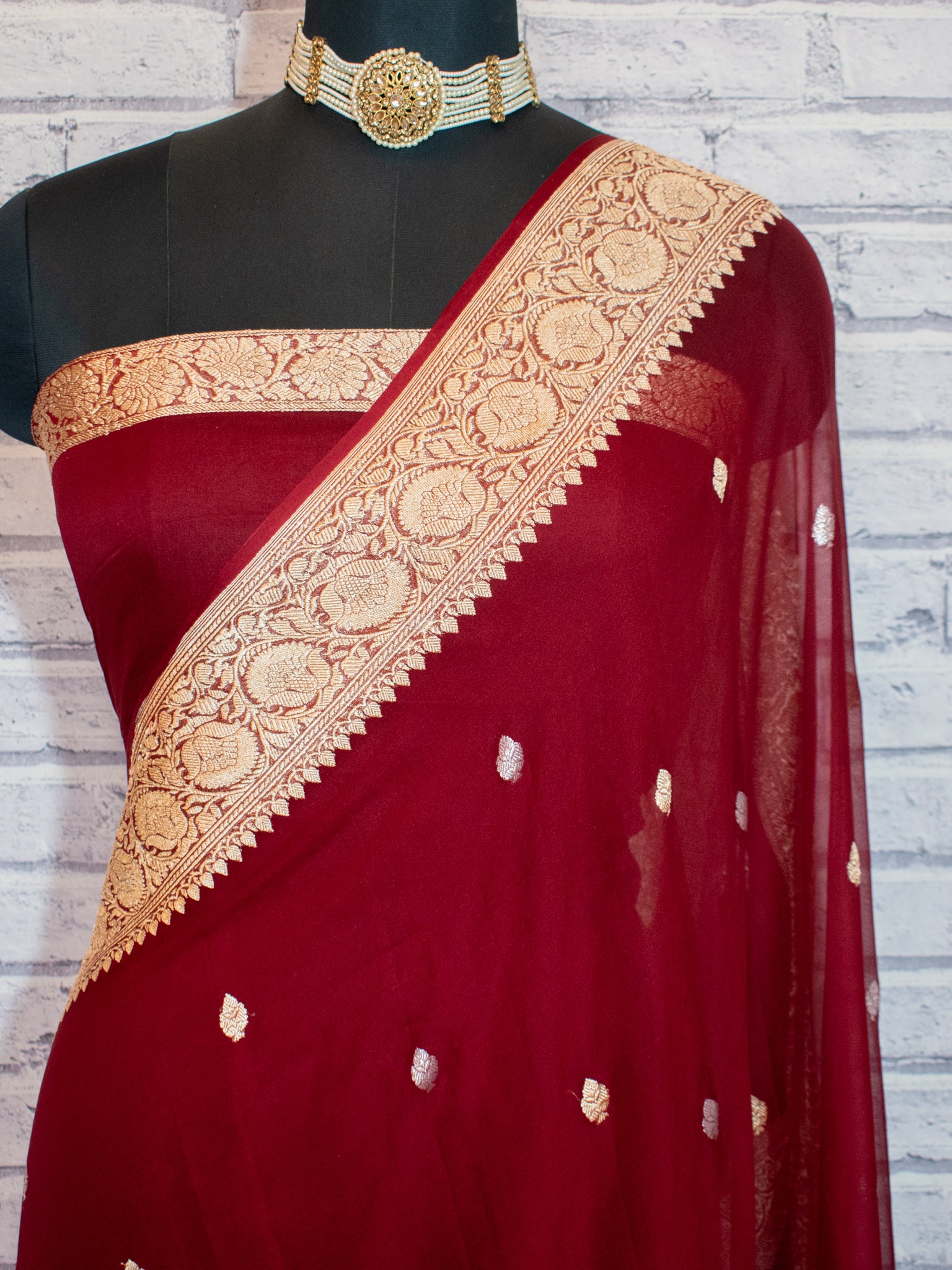 Banarasi Pure Khaddi Georgette Saree With Sona Rupa Zari Buti Weaving- Maroon