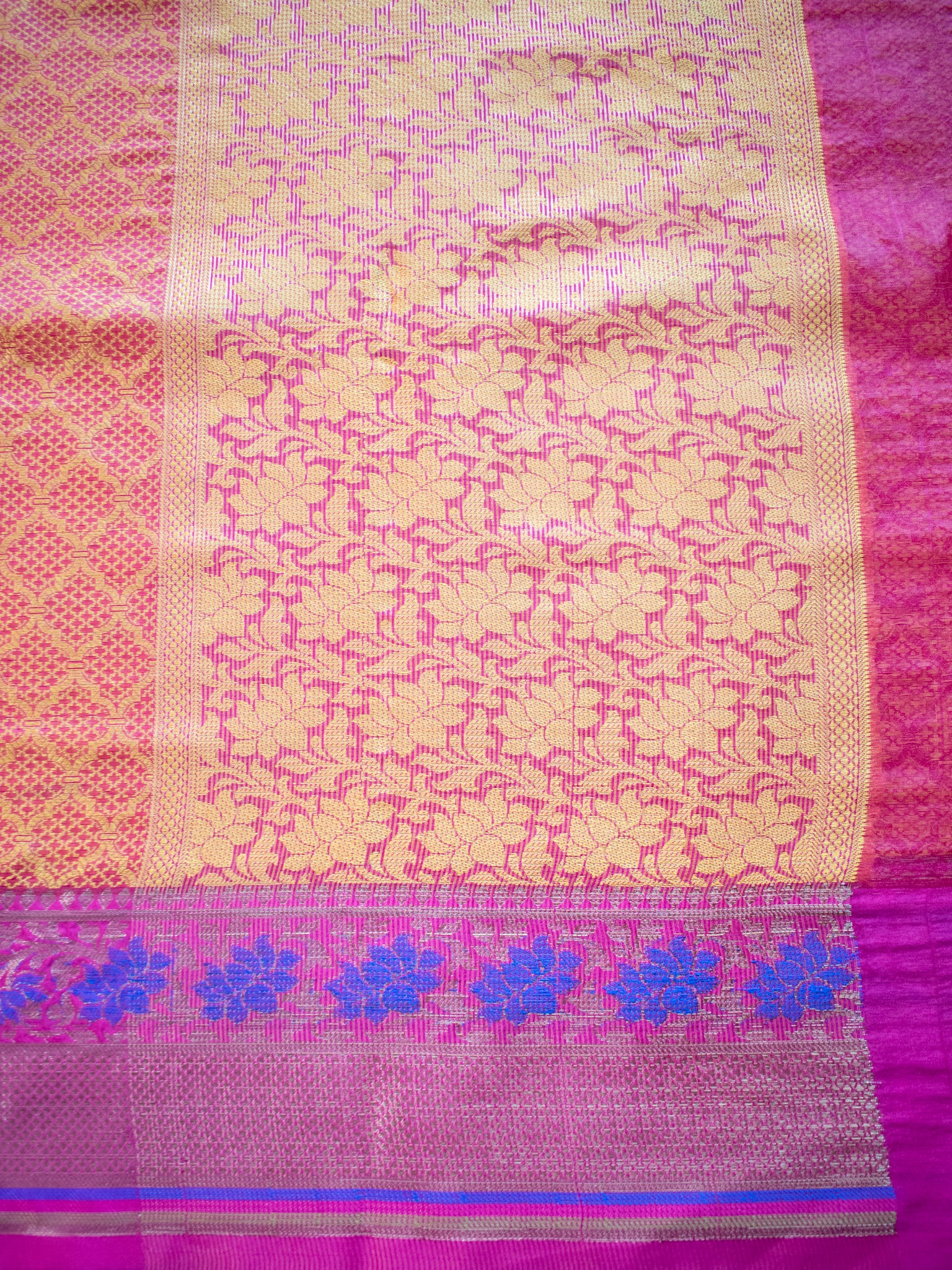 Banarasi Kora Muslin Saree With Tanchoi Weaving and Floral Border-Yellow