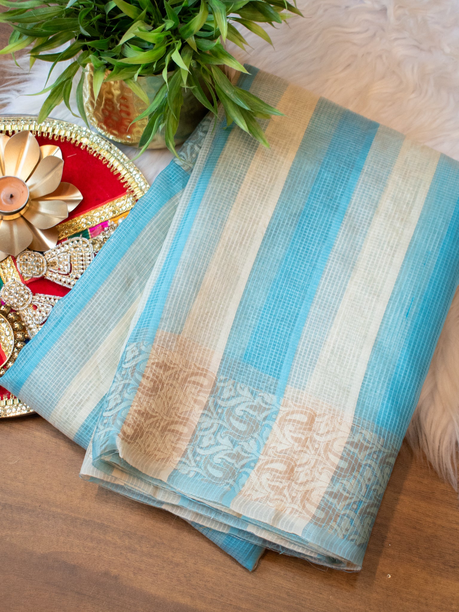 Banarasi Kota Check Saree with Resham Weaving Border- Blue