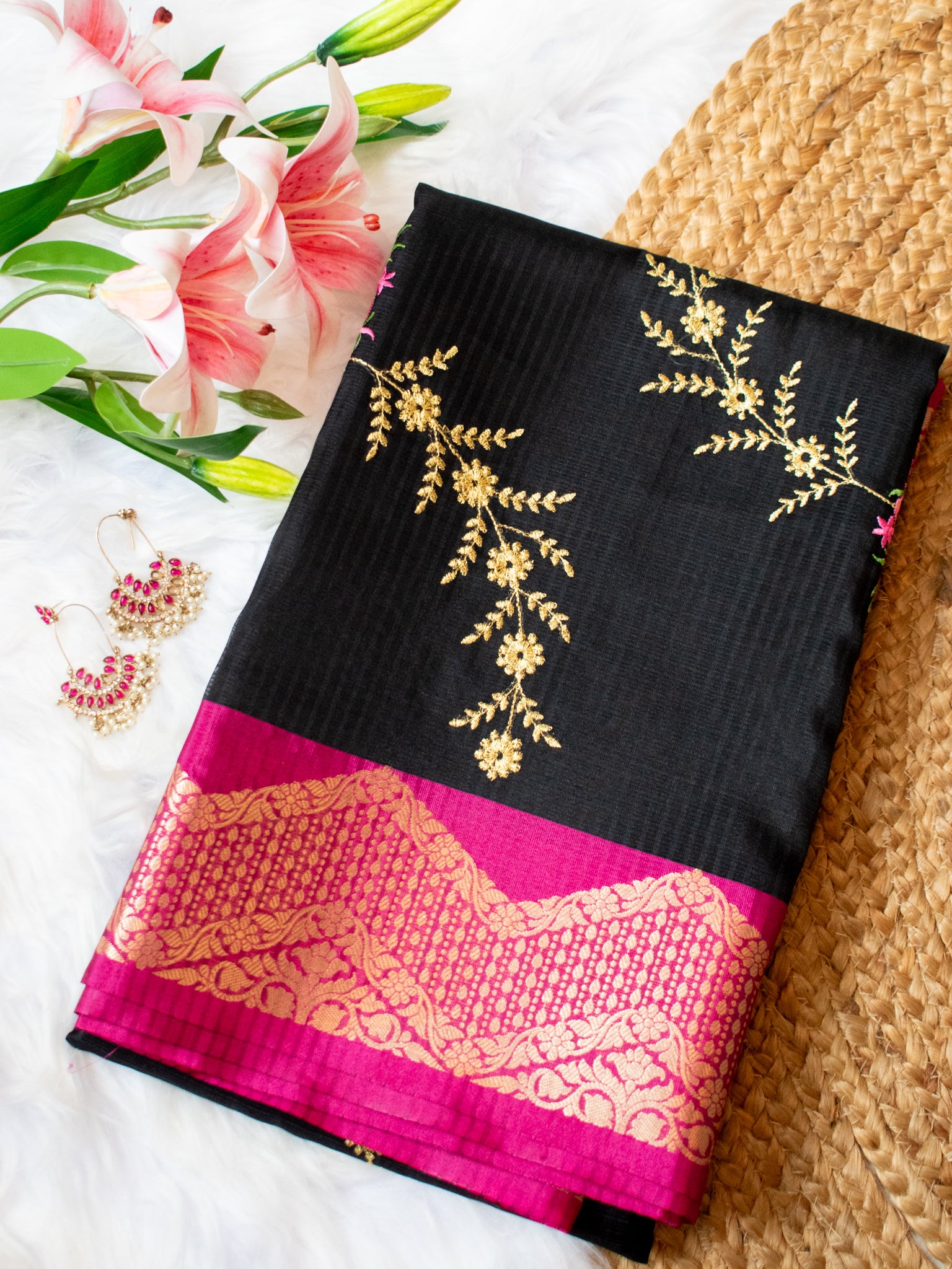Banarasi Kota Check Saree With Embroidery & Border - Black
