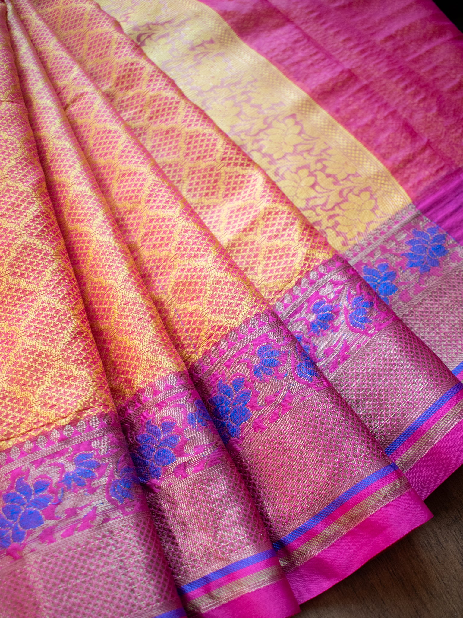 Banarasi Kora Muslin Saree With Tanchoi Weaving and Floral Border-Yellow