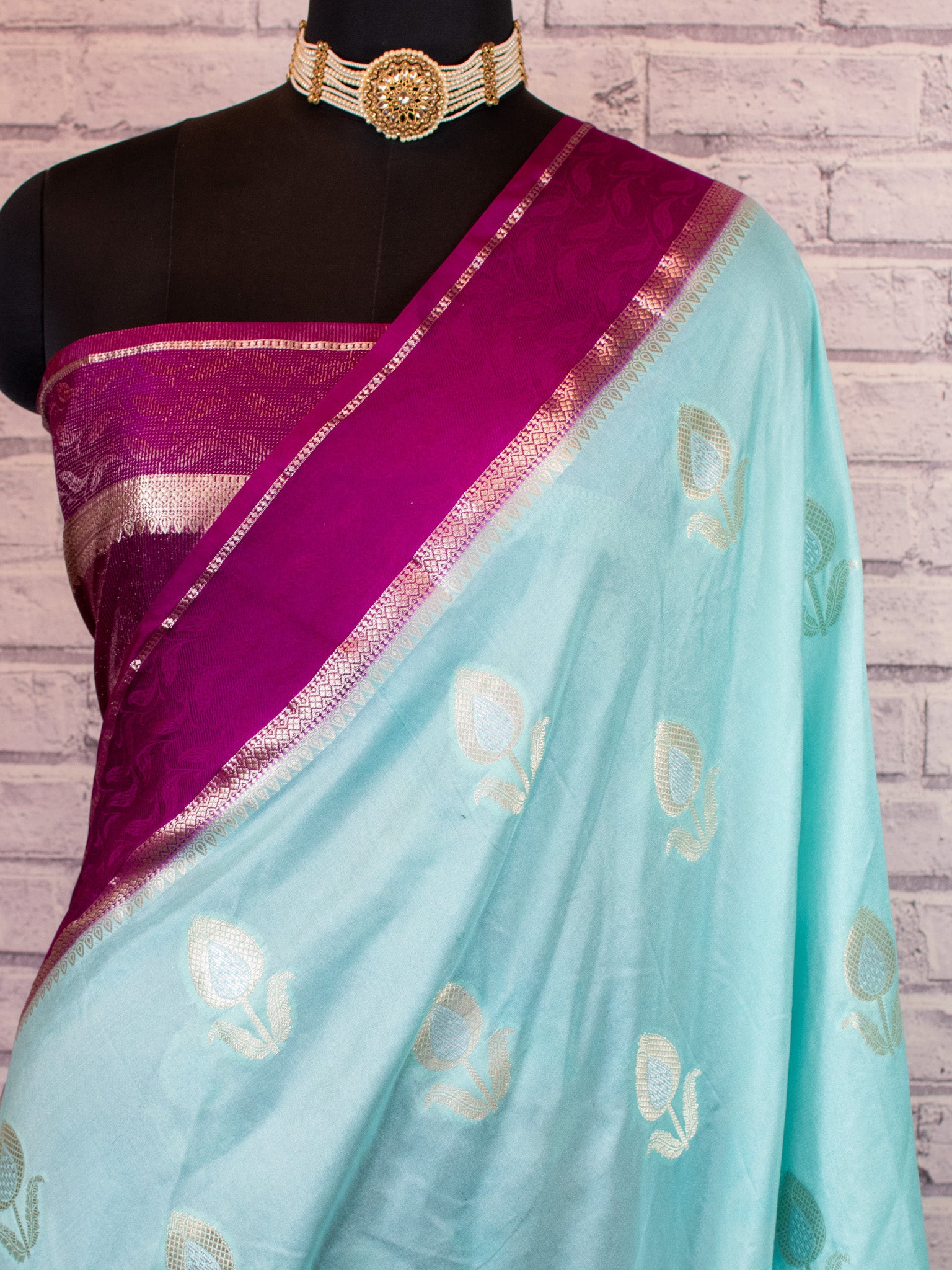 Banarasi Semi Silk Saree With Floral Zari Weaving & Contrast Border - Aqua Blue