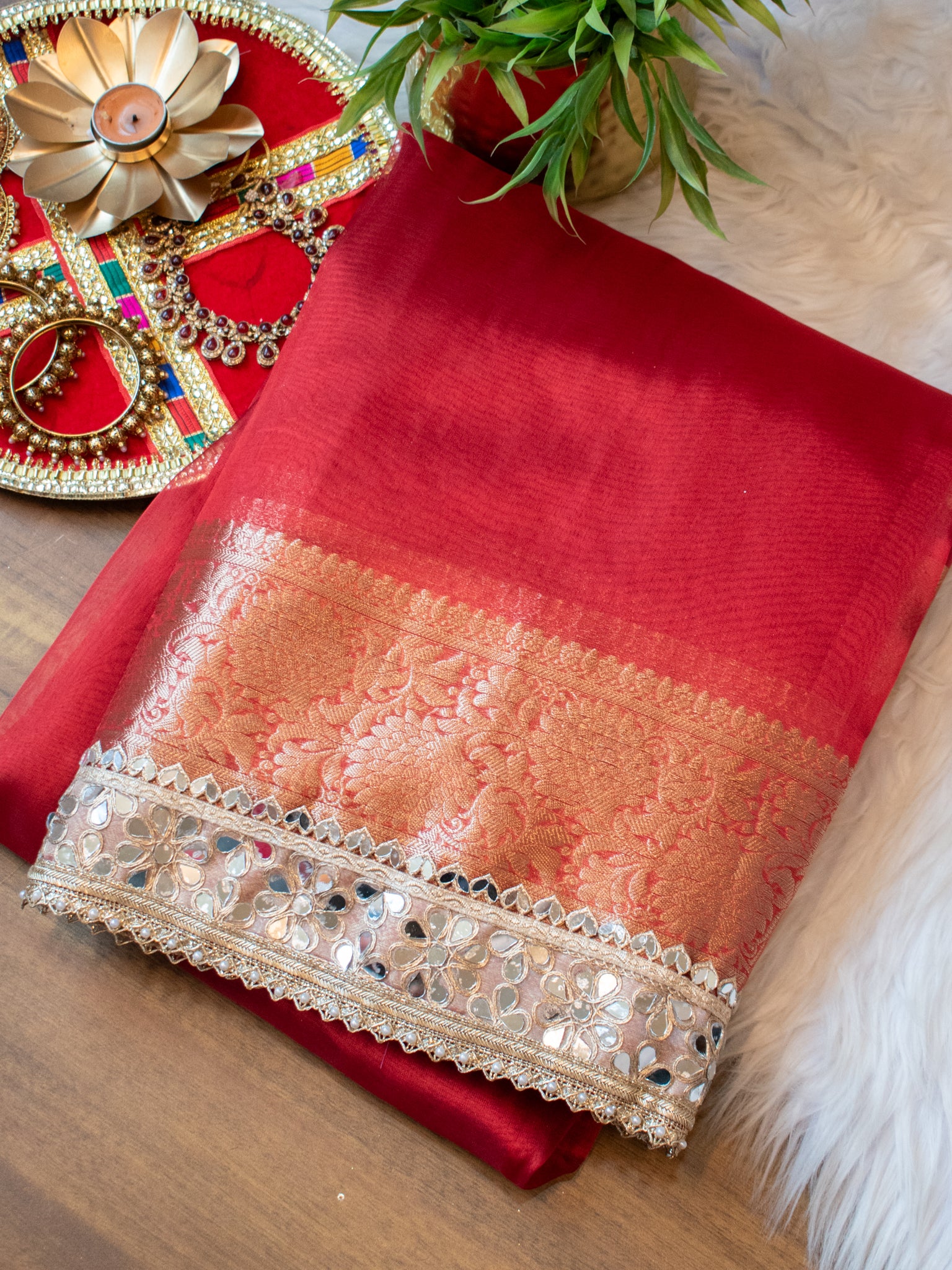 Banarasi Plain Tissue Saree with Mirror Lace Border - Red