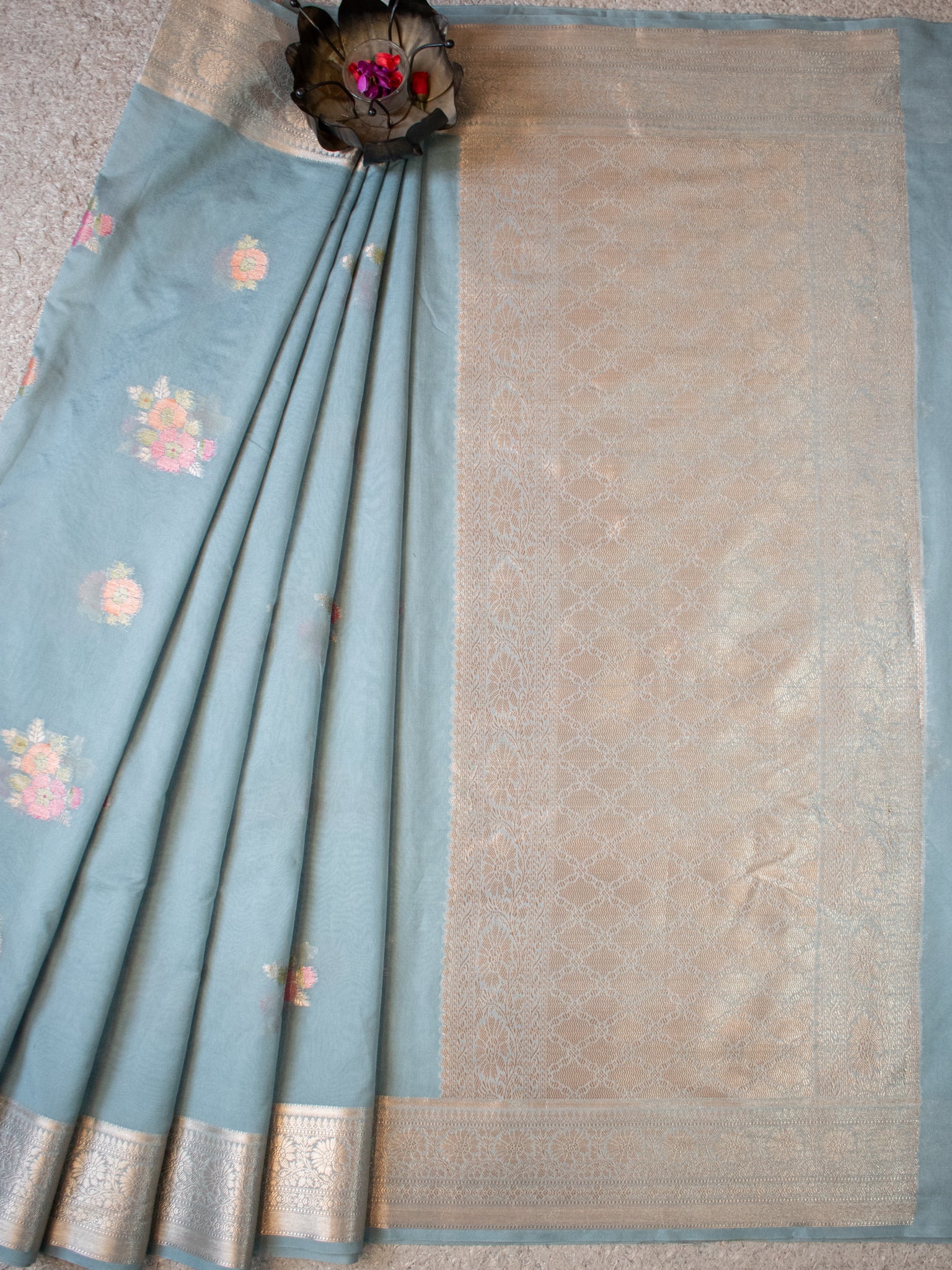 Banarasi Cotton Silk Saree with Floral Weaving & Border- Grey