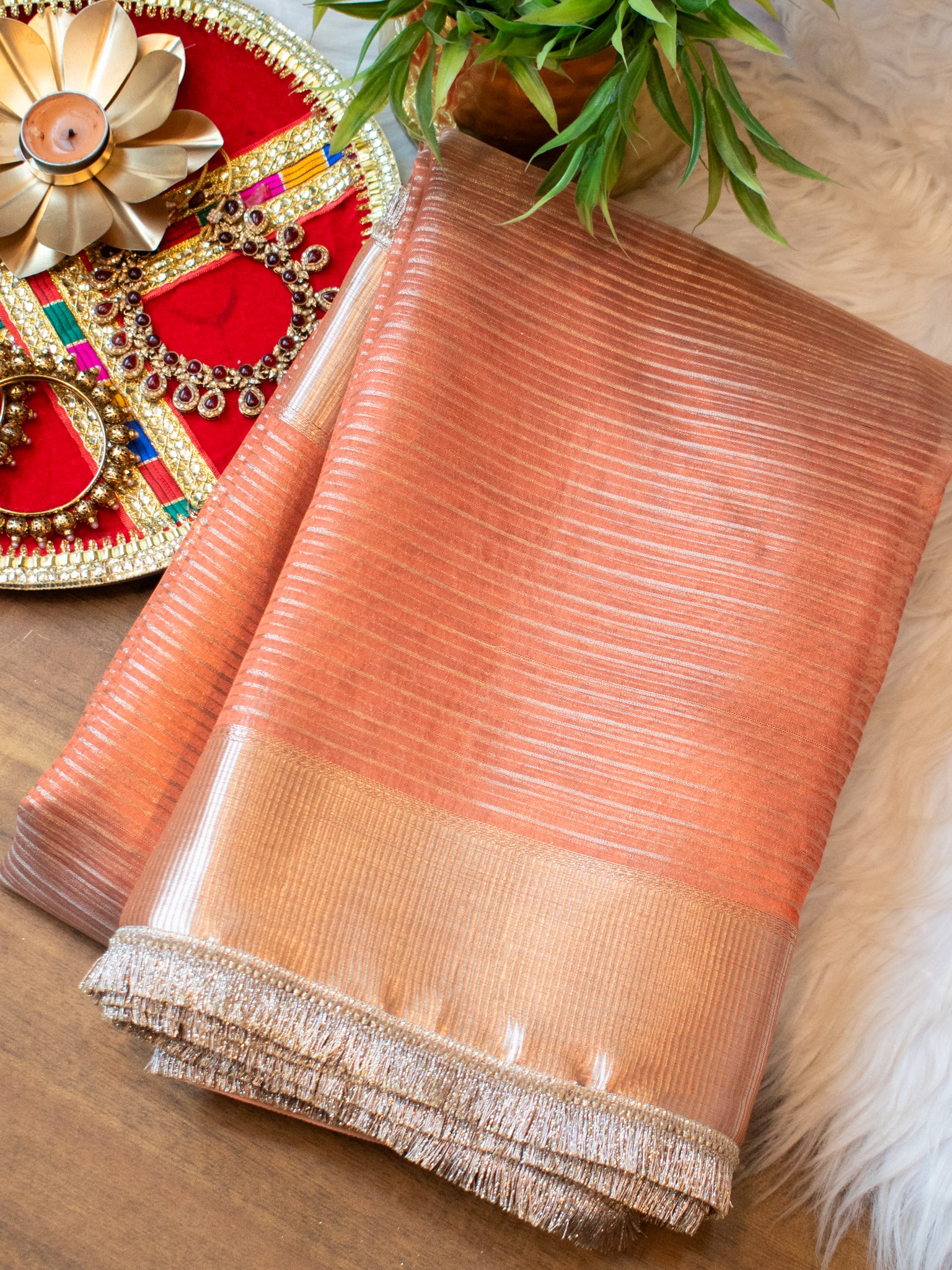 Banarasi Tissue Saree with Lace Border- Peach