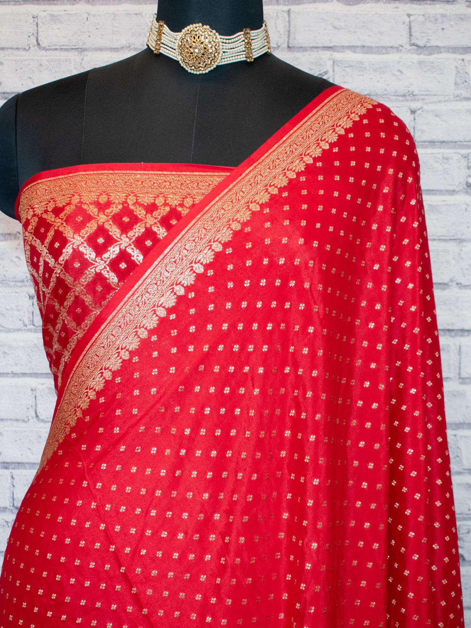 Banarasi Pure Khaddi Georgette Saree With Antique Zari Buti  Weaving- Red