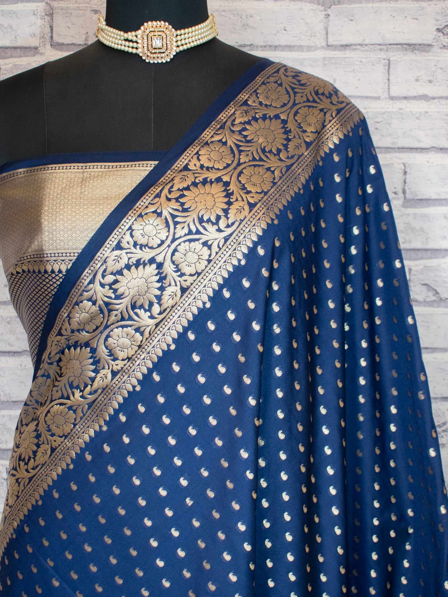 Banarasi Silk Saree With Zari Buti Weaving & Border - Navy Blue