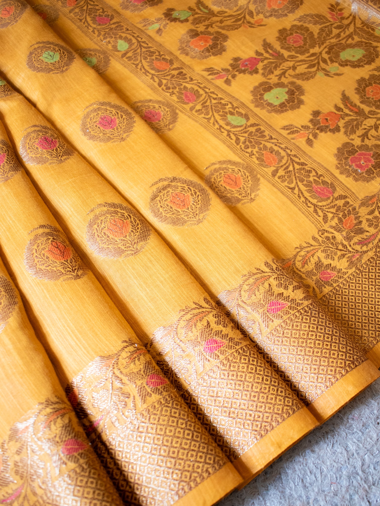 Banarasi Soft Cotton Saree With Resham Work and Border - Mustard Yellow