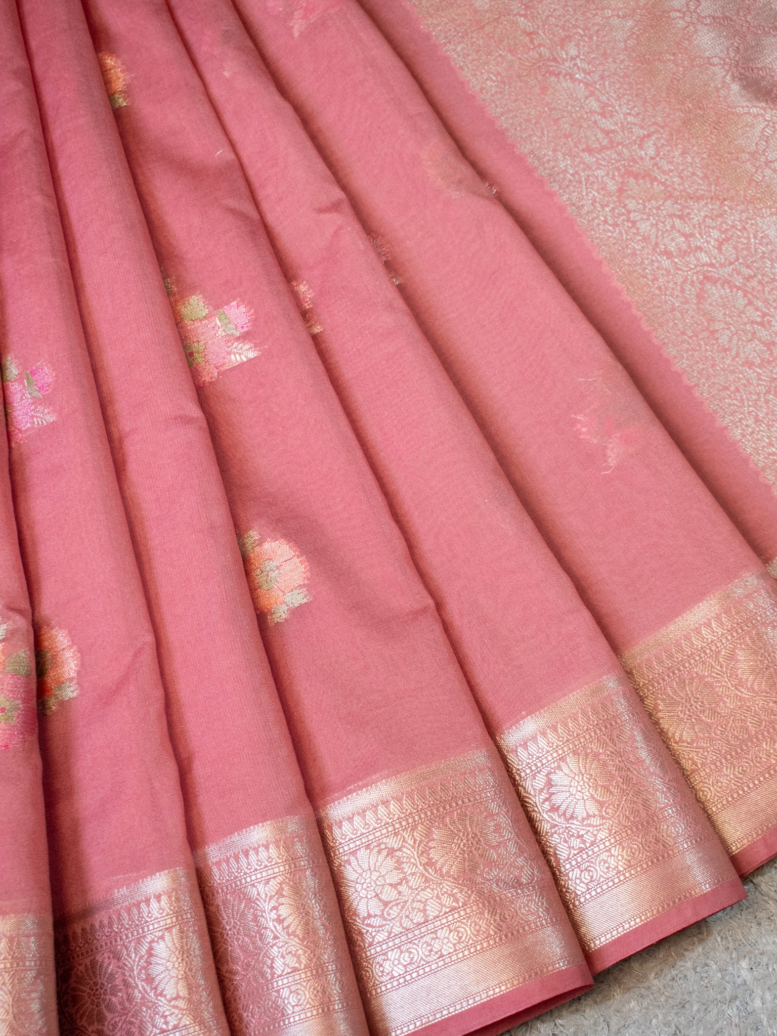 Banarasi Cotton Silk Saree with Floral Weaving & Border- Pink