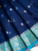 Banarasi Semi Chiffon Saree Silver Zari Buti Weaving-Blue