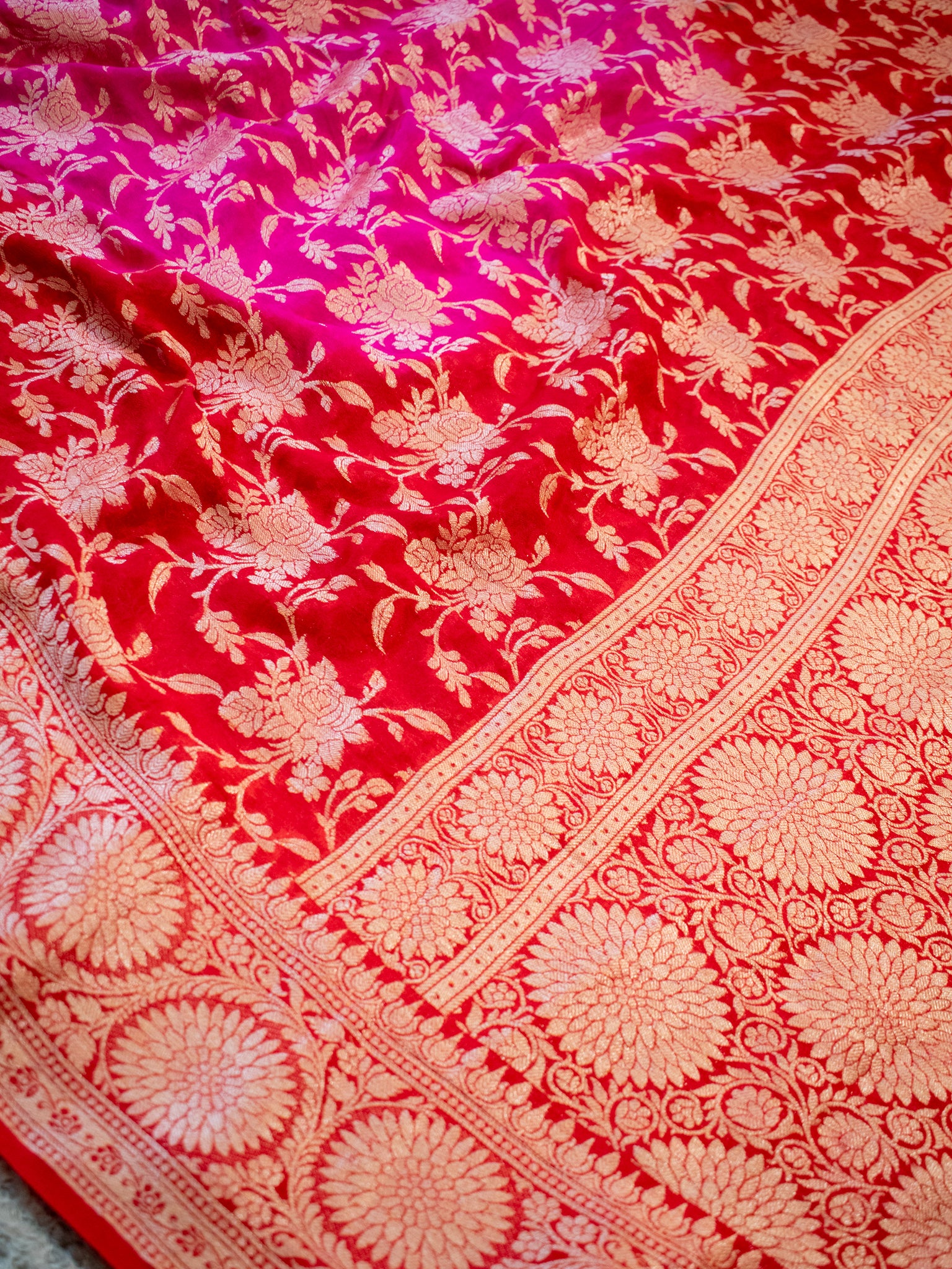 Banarasi Pure Khaddi Georgette Shaded Saree With Zari Weaving- Pink