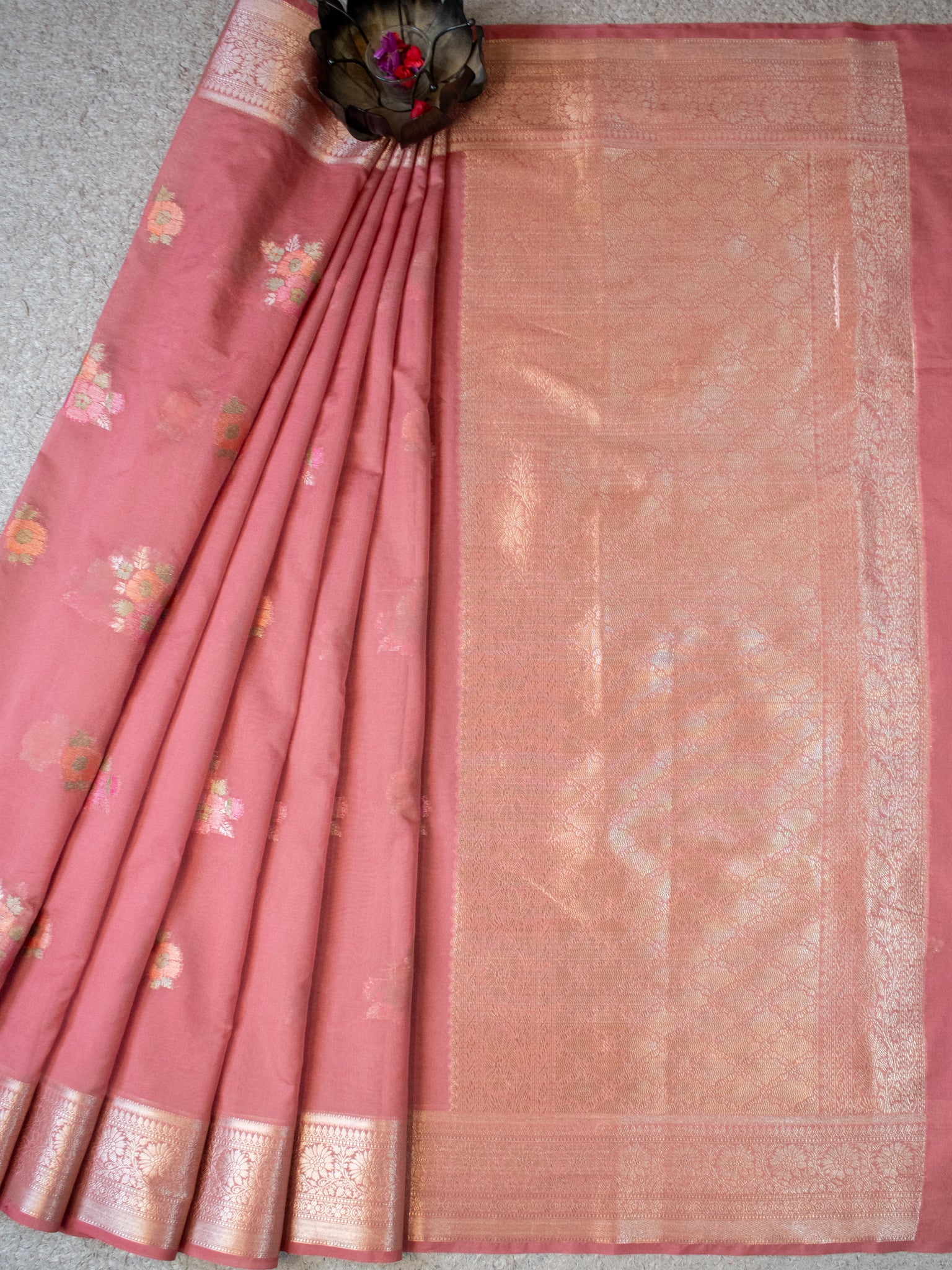 Banarasi Cotton Silk Saree with Floral Weaving & Border- Pink