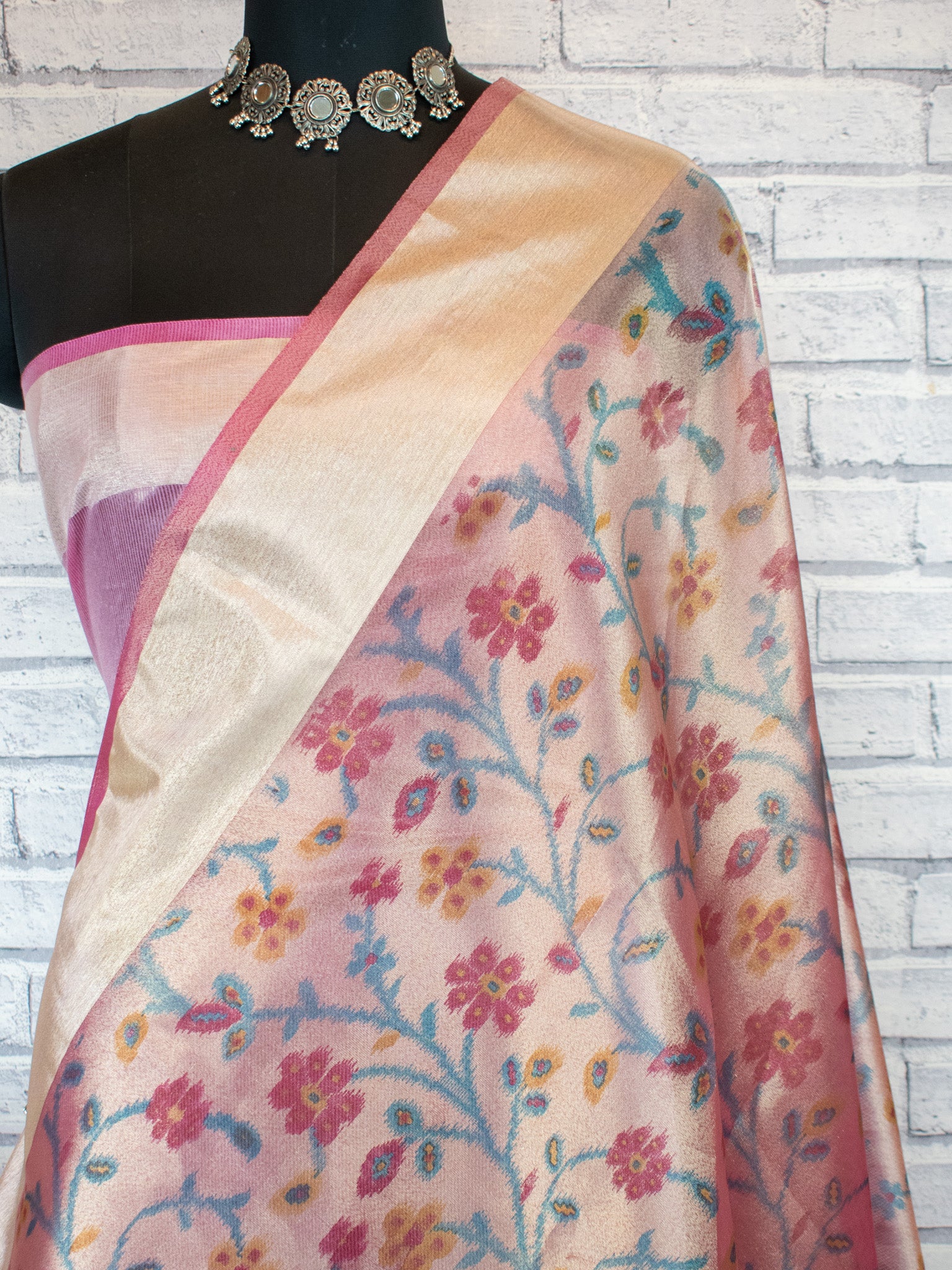 Banarasi  Tissue Saree With Zari Weaving & Border-Pink