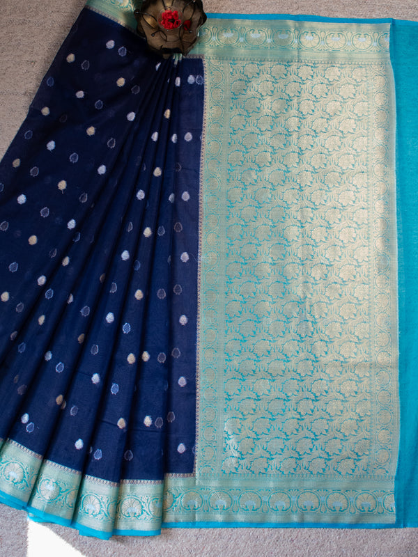 Banarasi Semi Chiffon Saree Silver Zari Buti Weaving-Blue