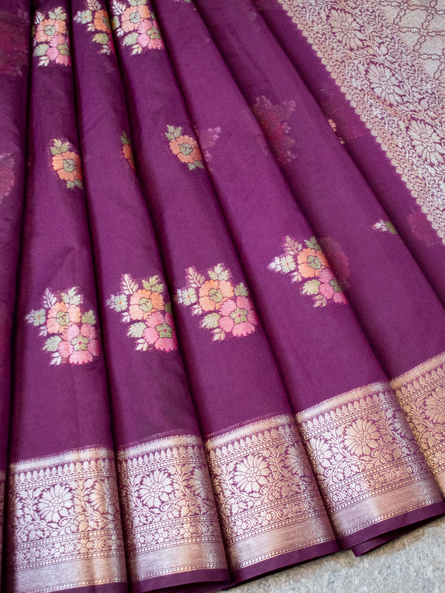 Banarasi Cotton Silk Saree with Floral Weaving & Border- Wine