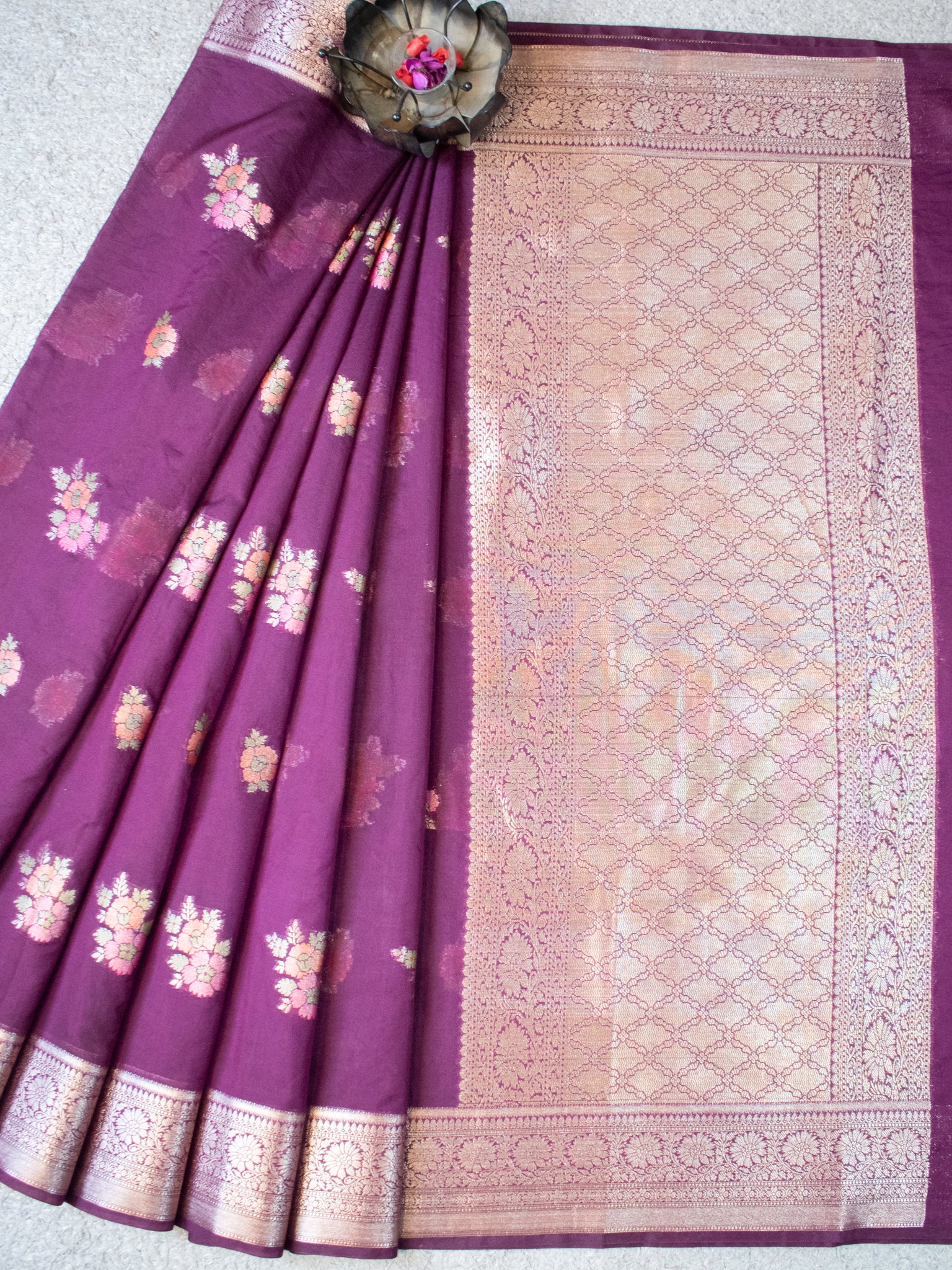 Banarasi Cotton Silk Saree with Floral Weaving & Border- Wine