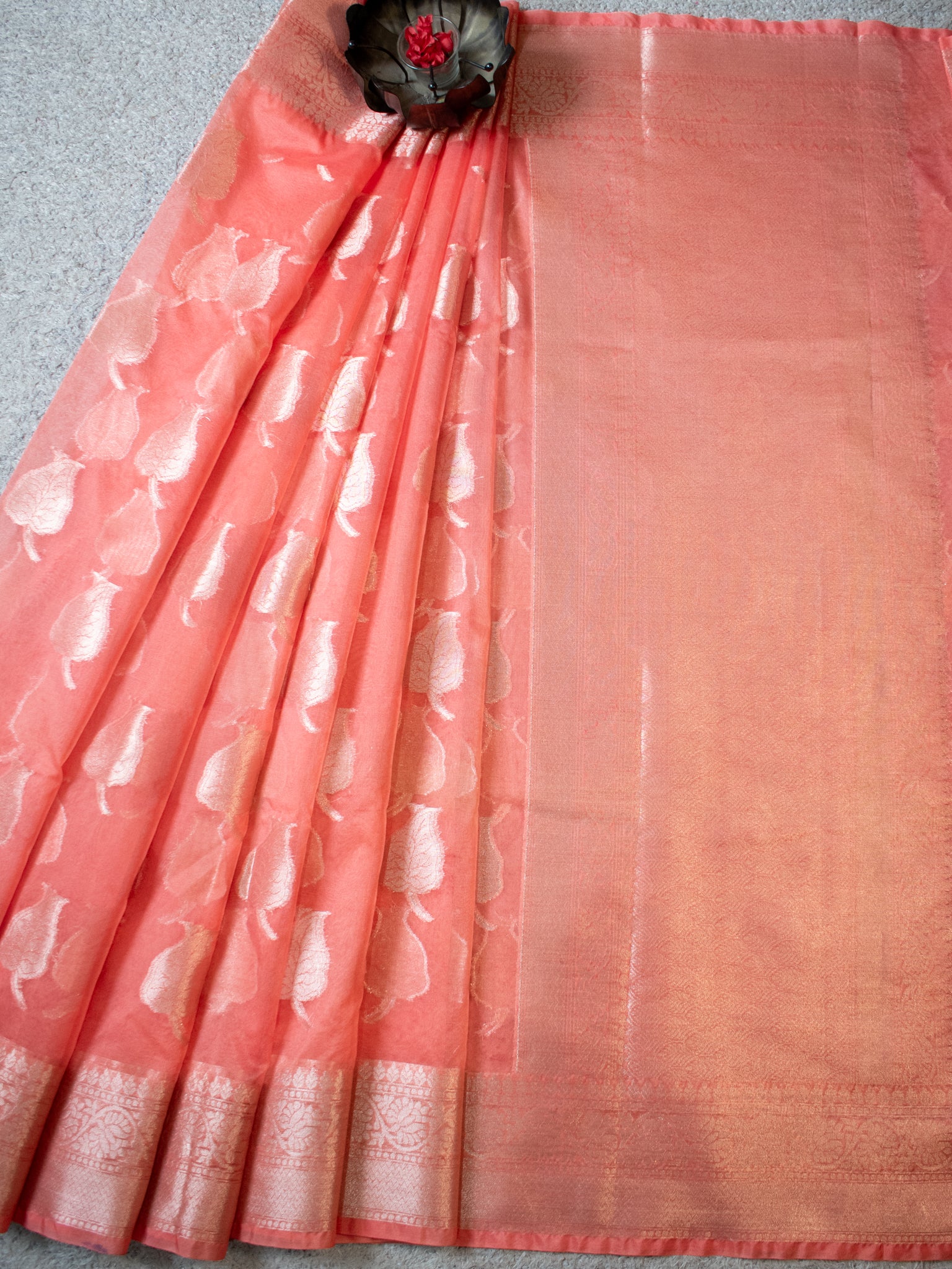 Banarasi Organza Saree With Silver Buti & Border- Peach