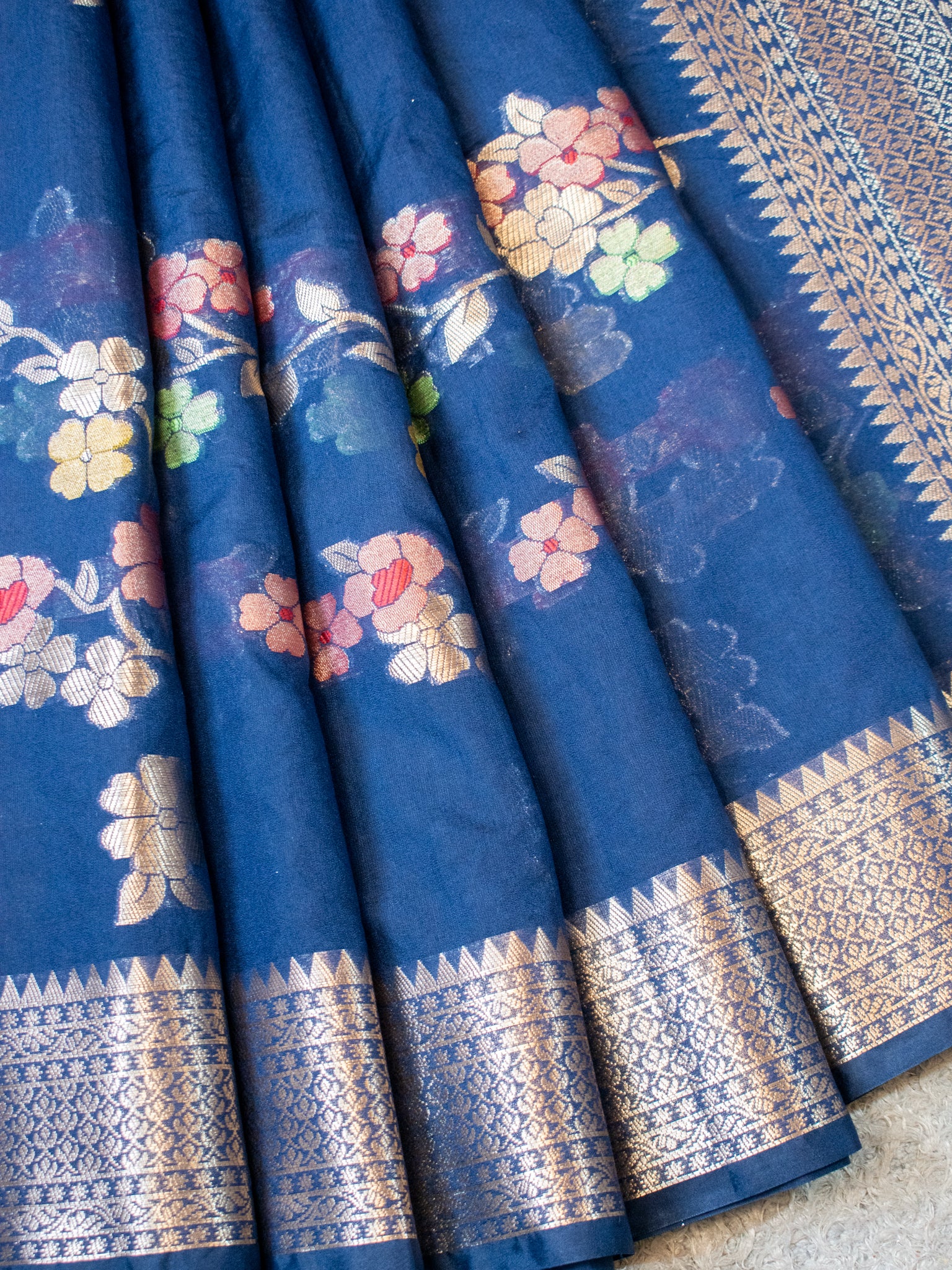 Banarasi Cotton Silk Saree with Floral Weaving & Border- Blue