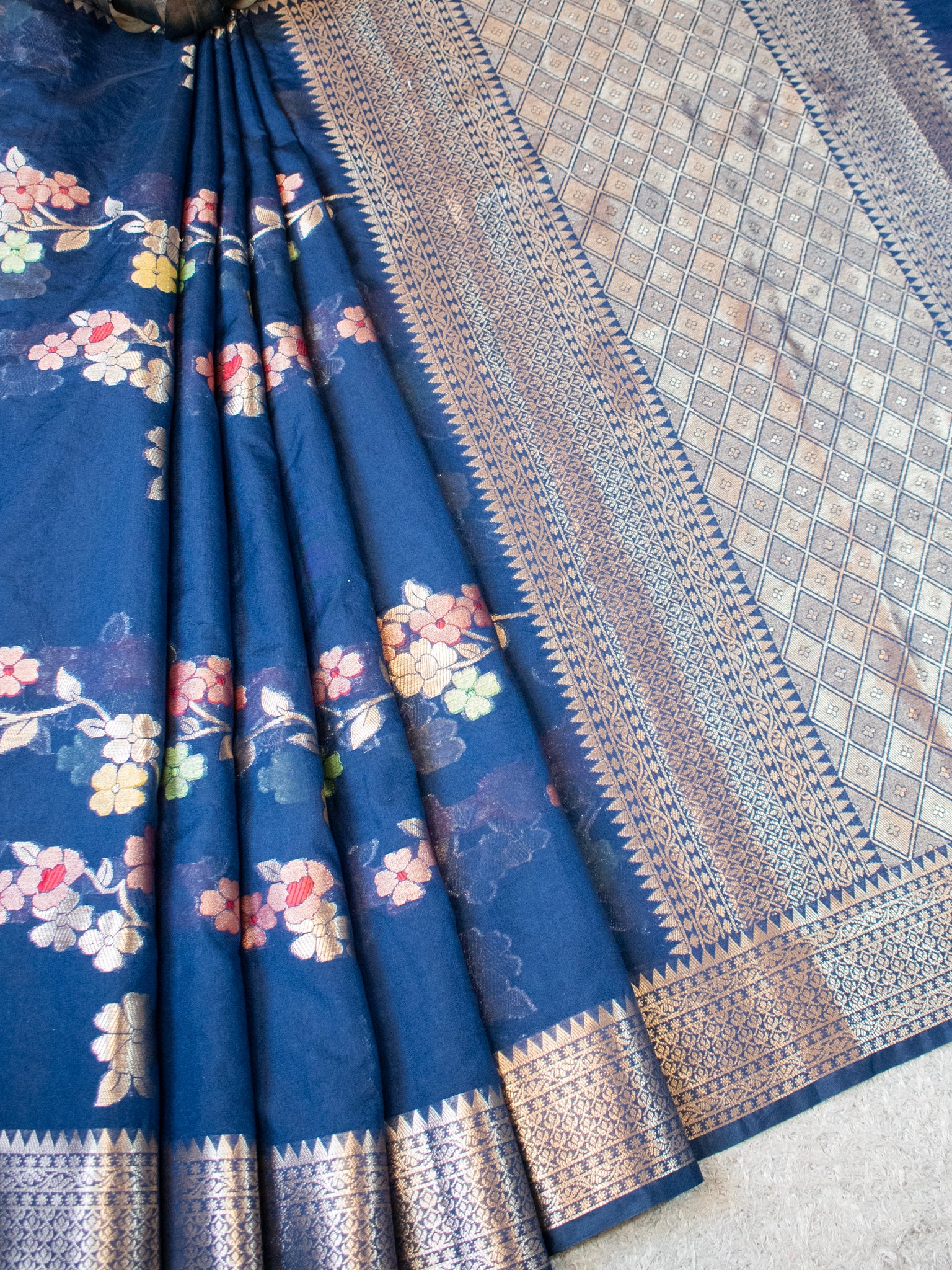 Banarasi Cotton Silk Saree with Floral Weaving & Border- Blue