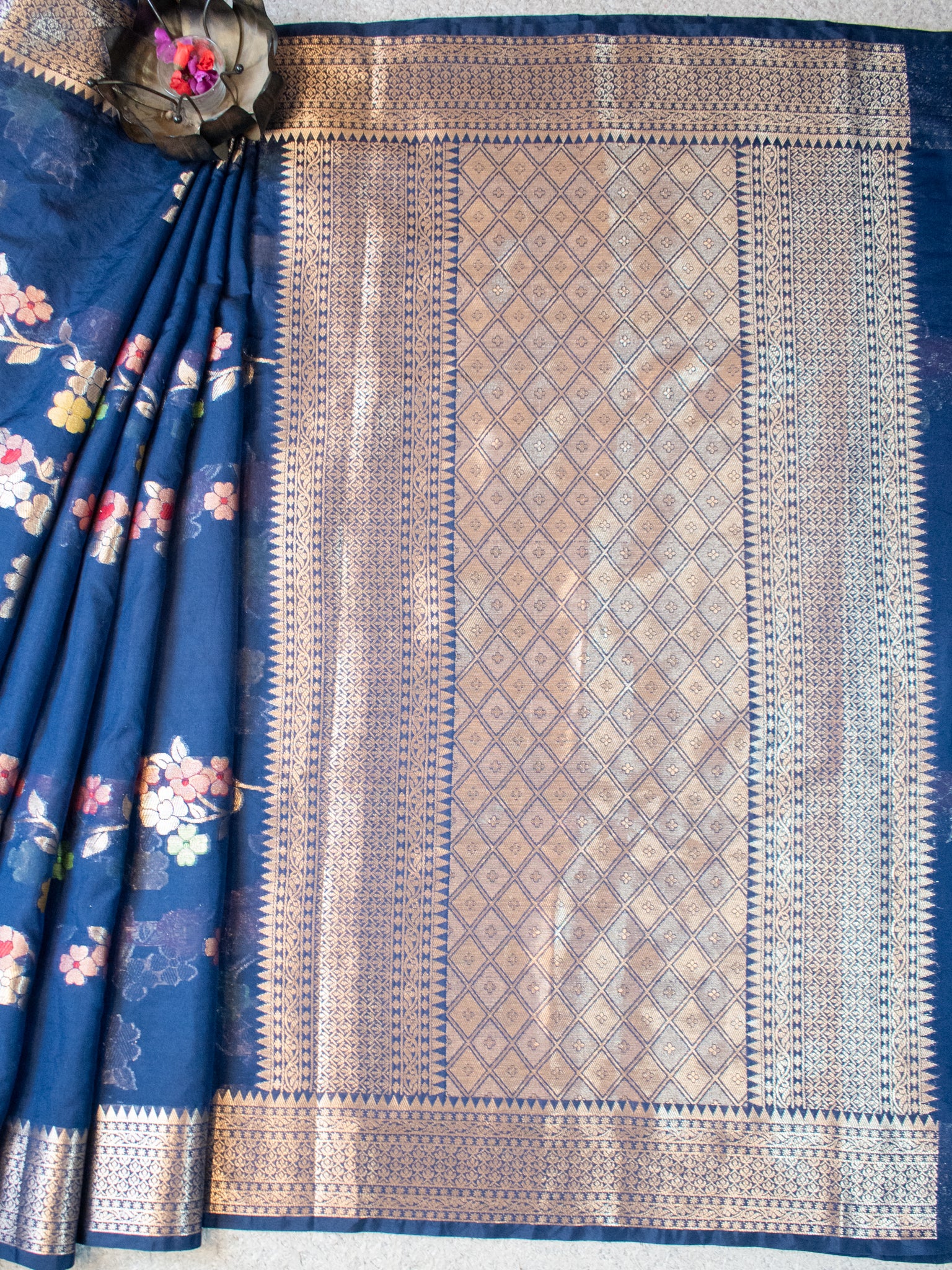 Banarasi Cotton Silk Saree with Floral Weaving & Border- Blue