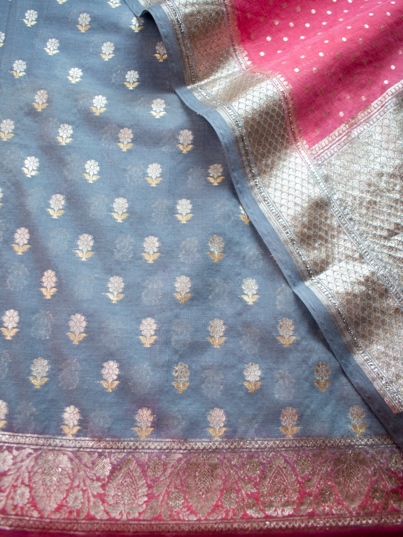 Banarasi Pure Cotton Silk Salwar Kameez Material With Silver Zari Weaving-Peach & Grey