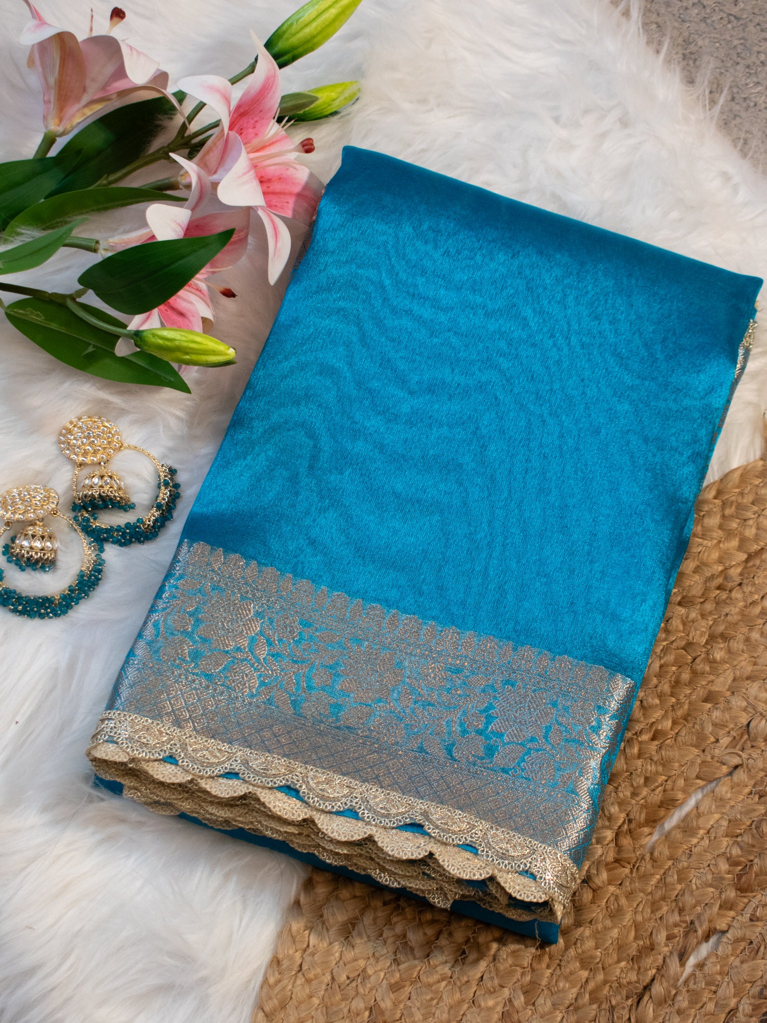 Banarasi Plain Tissue Saree With Lace Border - Blue