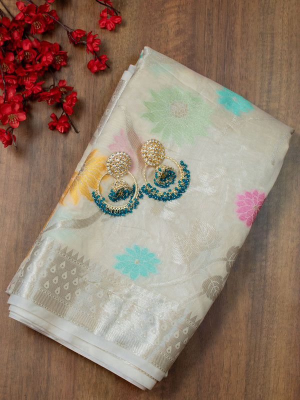 Banarasi Cotton Silk Jaal Resham & Zari Multi Coloured Weaving Saree-White