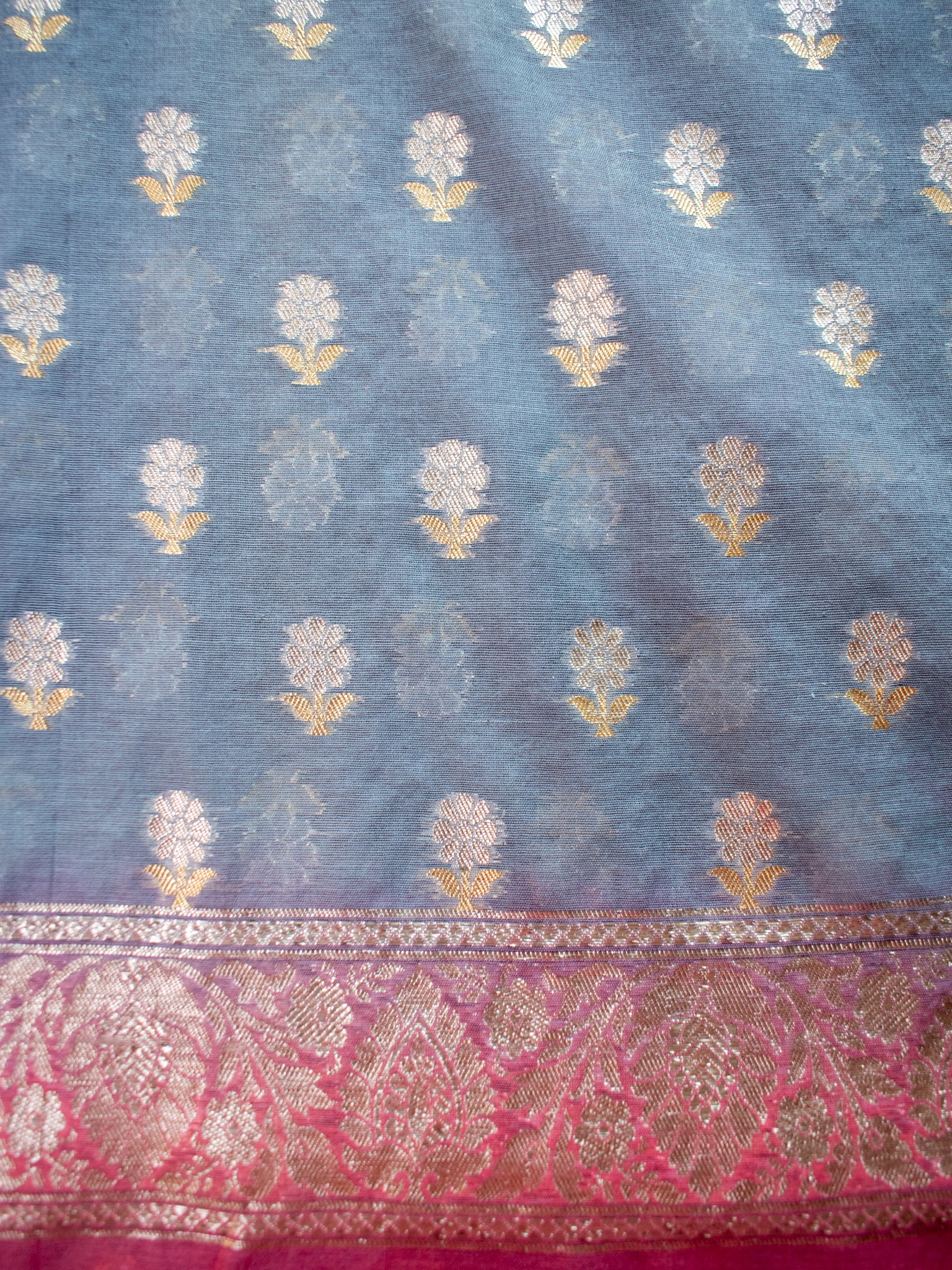 Banarasi Pure Cotton Silk Salwar Kameez Material With Silver Zari Weaving-Peach & Grey