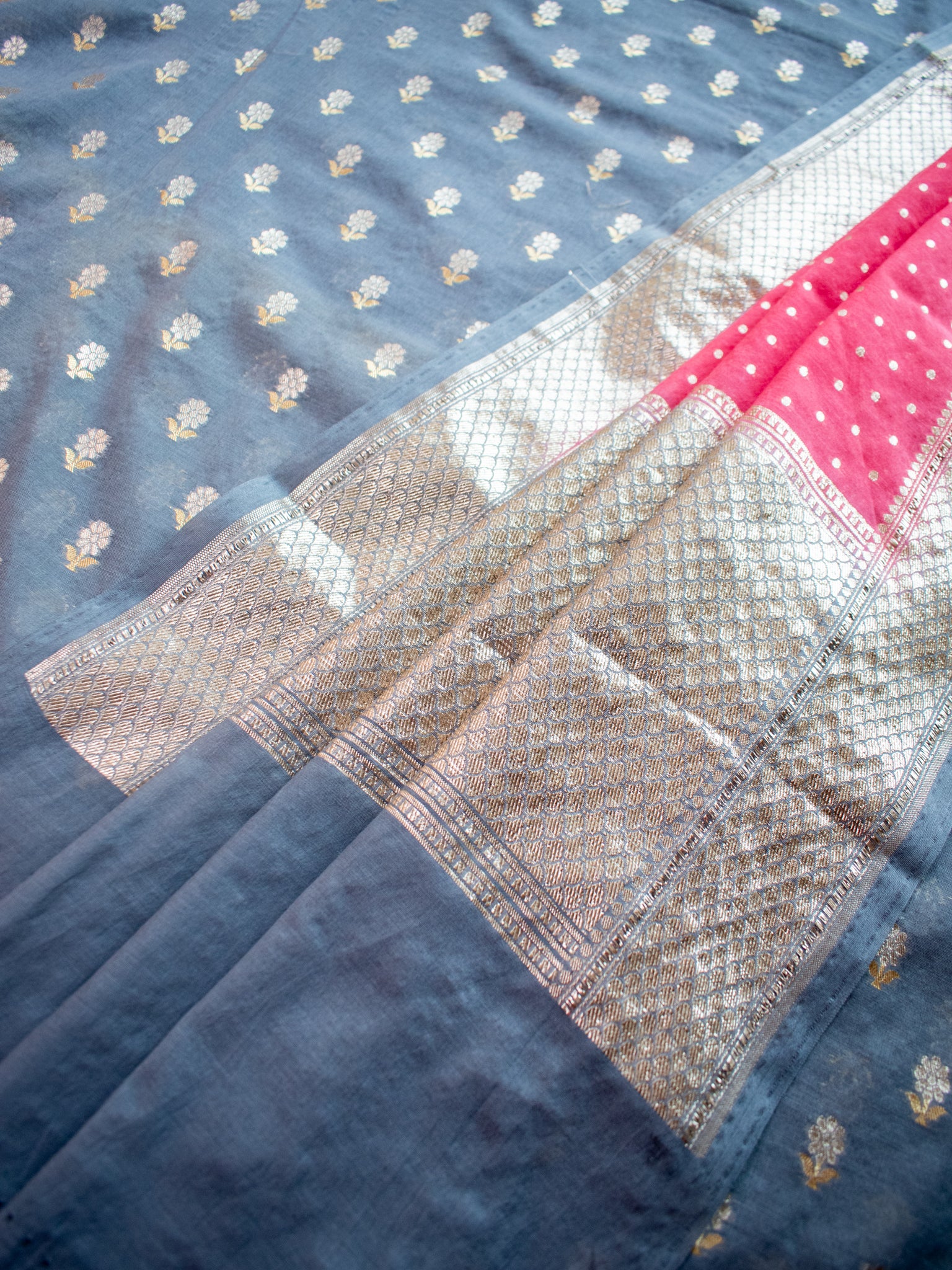 Banarasi Pure Cotton Silk Salwar Kameez Material With Silver Zari Weaving-Peach & Grey