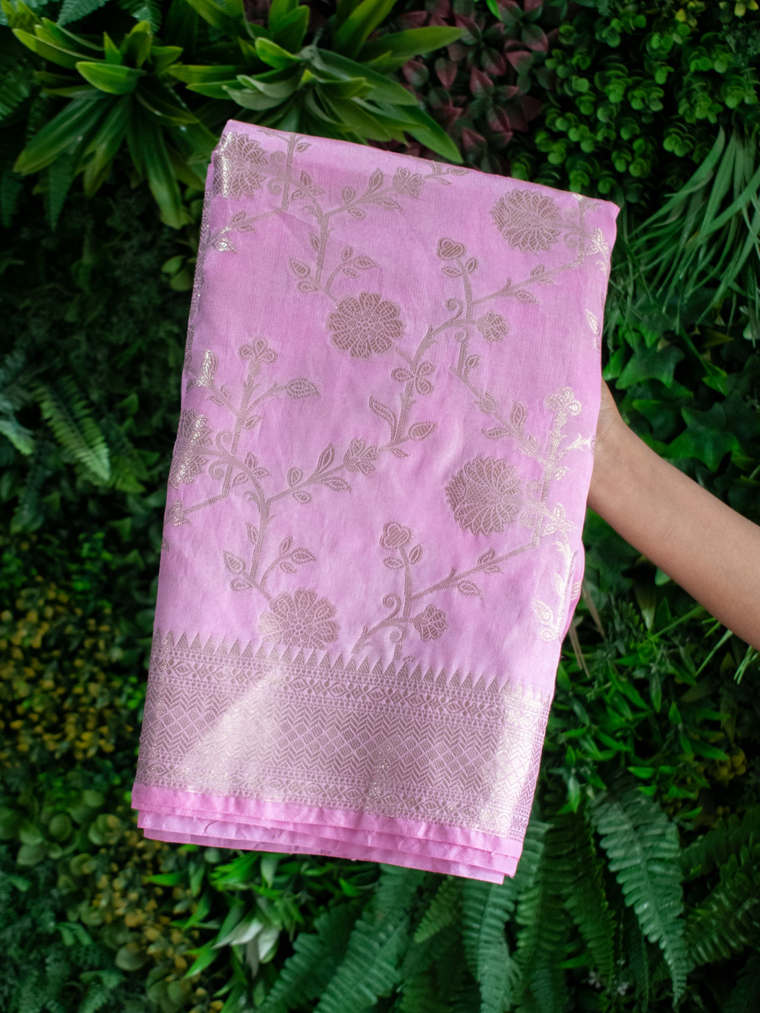 Banarasi Cotton Silk Saree With Floral Weaving & Border- Pink