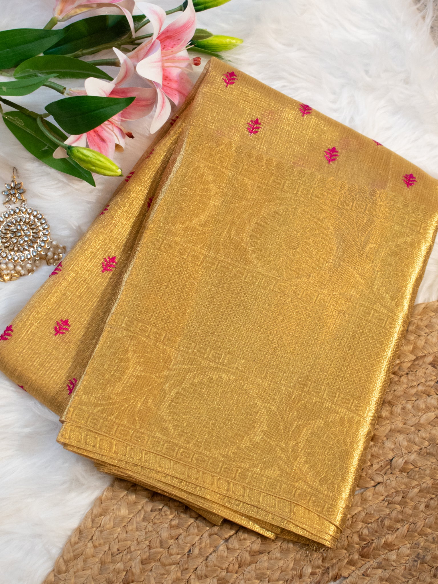 Banarasi Kota Check Saree With Embroidery & Border - Gold