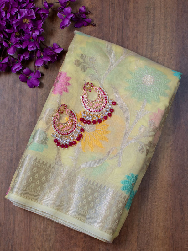 Banarasi Cotton Silk Jaal Resham & Zari Multi Coloured Weaving Saree-Yellow