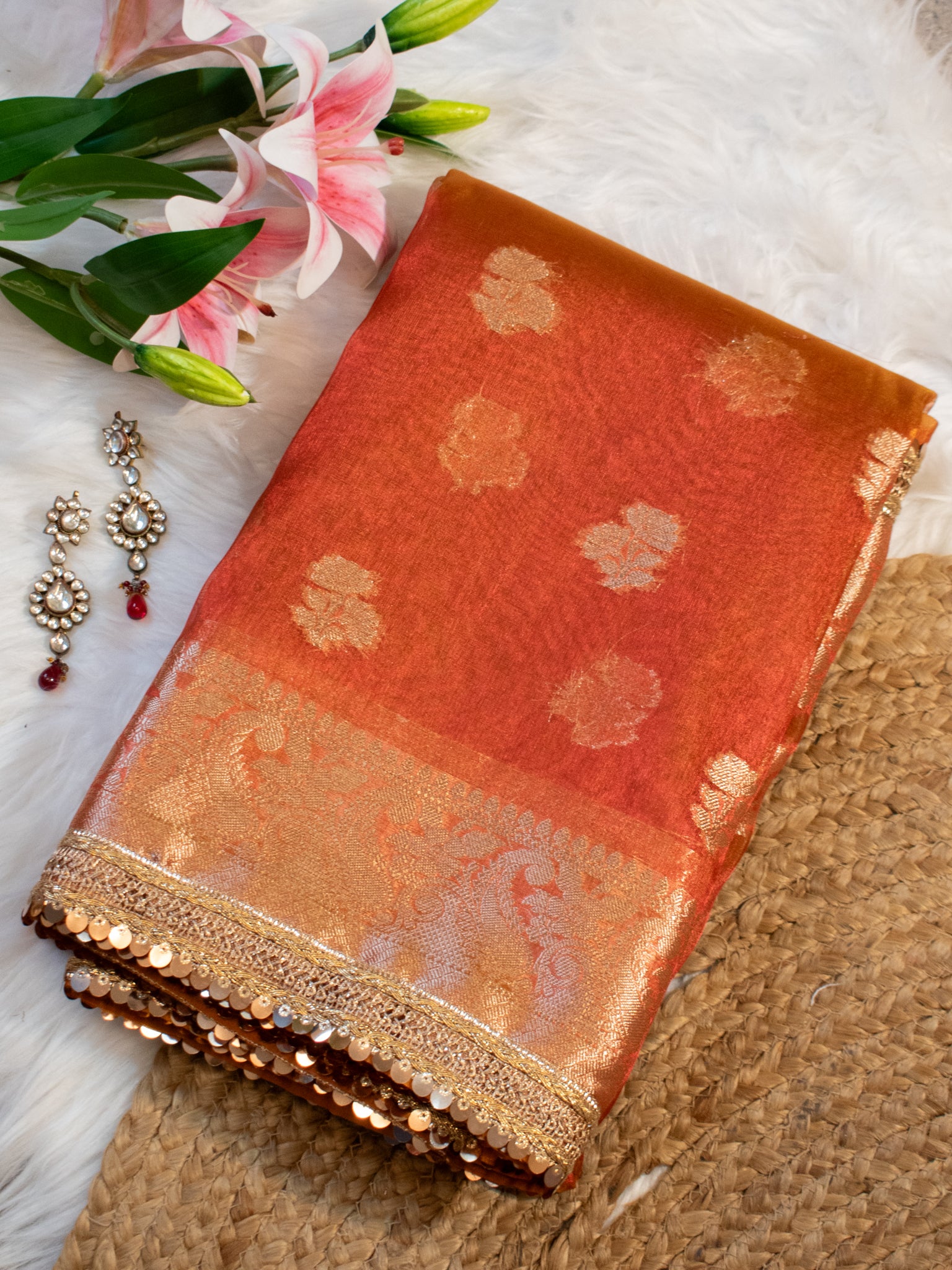 Banarasi Tissue Saree With Buti Weaving & Lace Border - Red